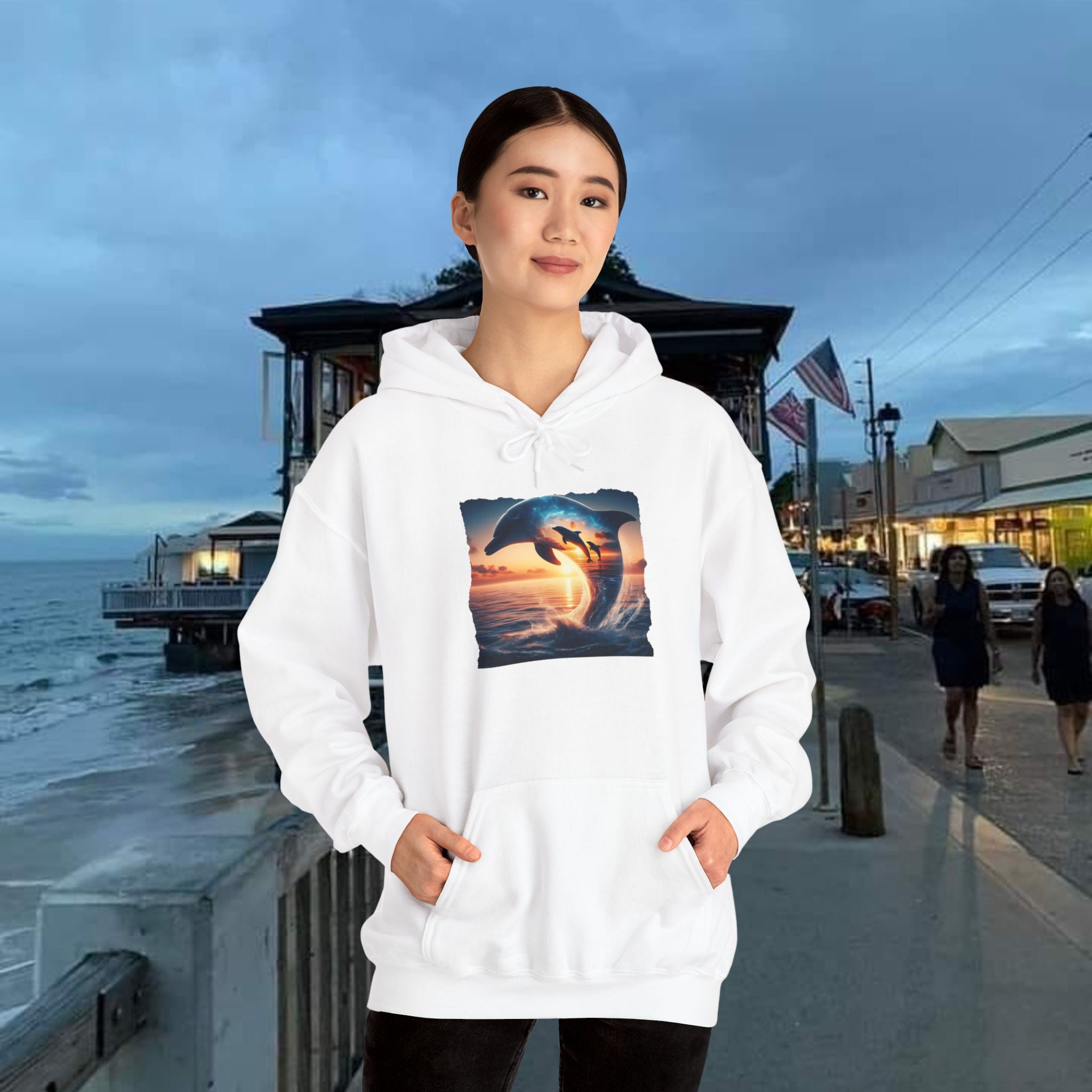 3 Dolphin Sunset Hooded Sweatshirt Unisex Heavy Blend