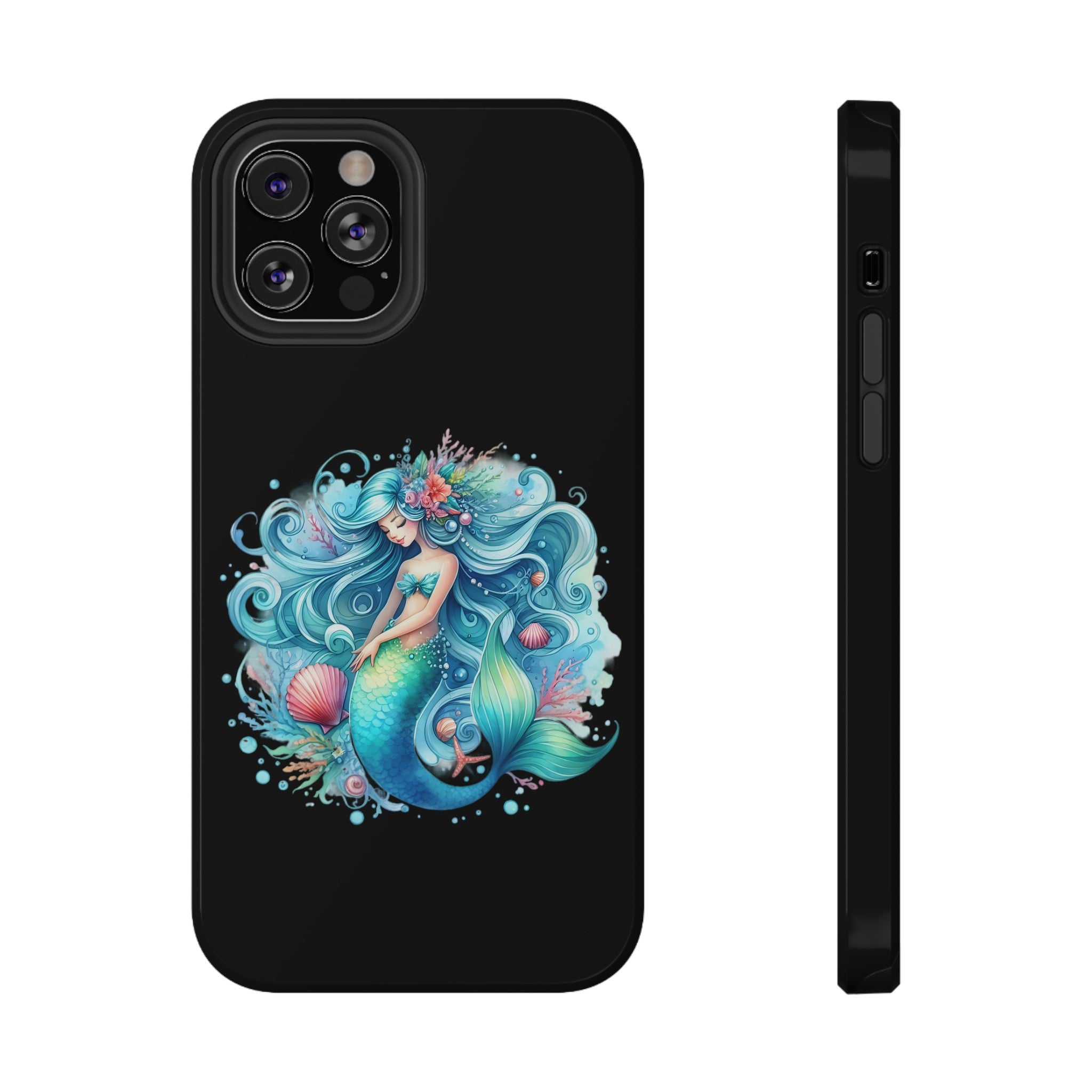 Sleepy Mermaid & Shells Black Phone Case – Matte or Glossy Finish