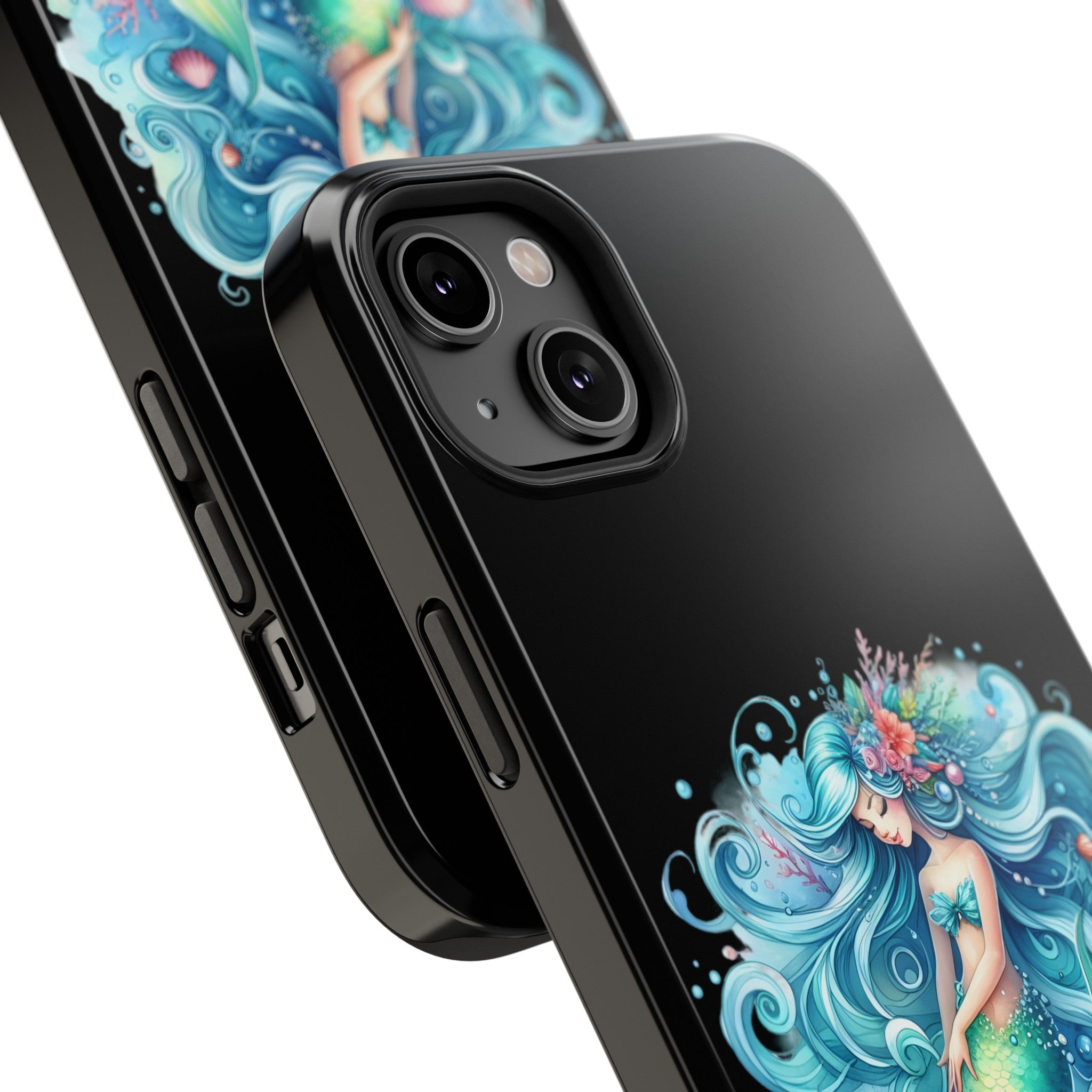 Sleepy Mermaid & Shells Black Phone Case – Matte or Glossy Finish