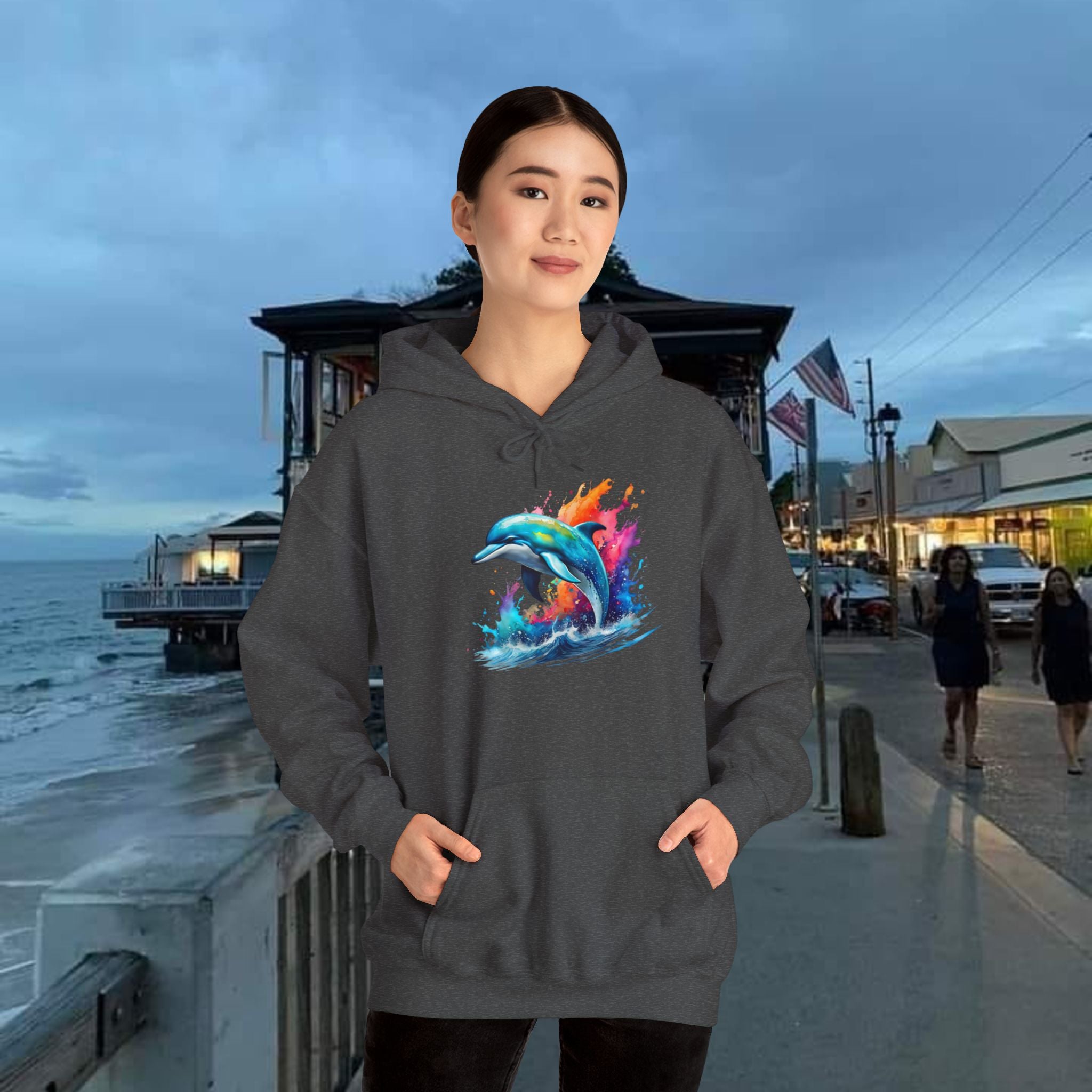 Rainbow Dolphin Hooded Sweatshirt Unisex Heavy Blend