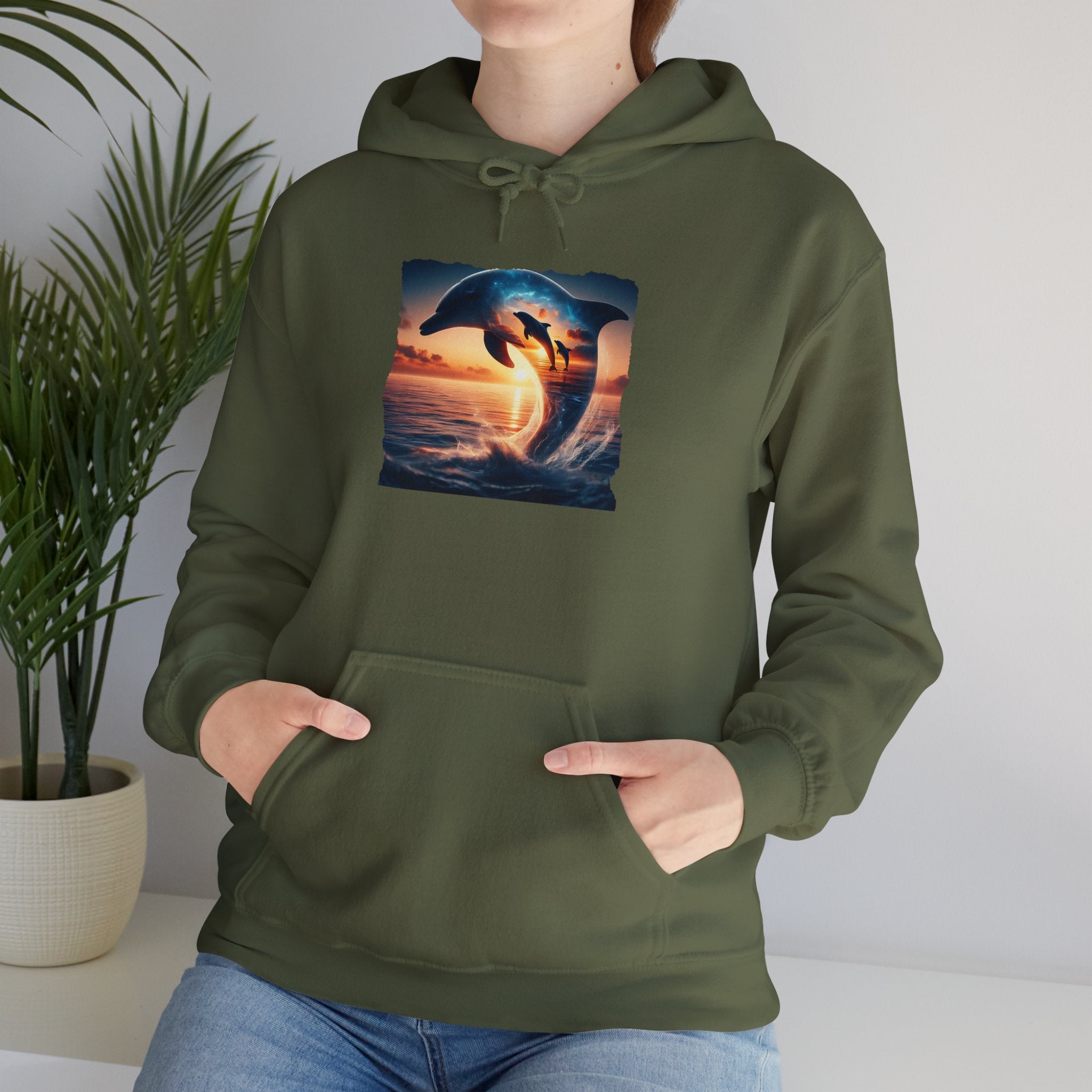 3 Dolphin Sunset Hooded Sweatshirt Unisex Heavy Blend