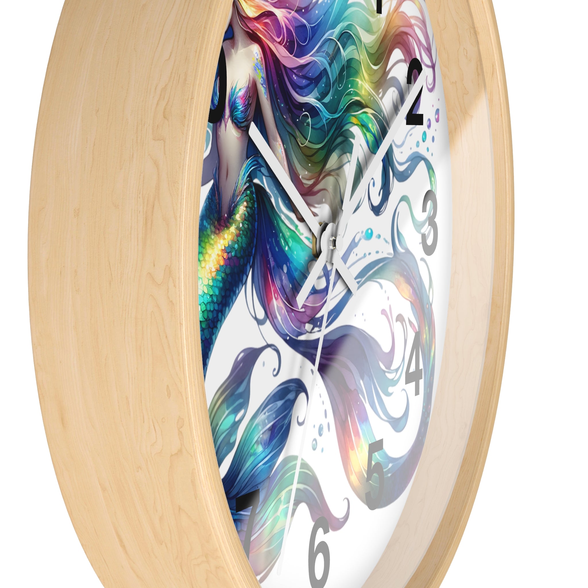 Rainbow Mermaid Wall Clock – Elegant Wood & Plexiglass Design