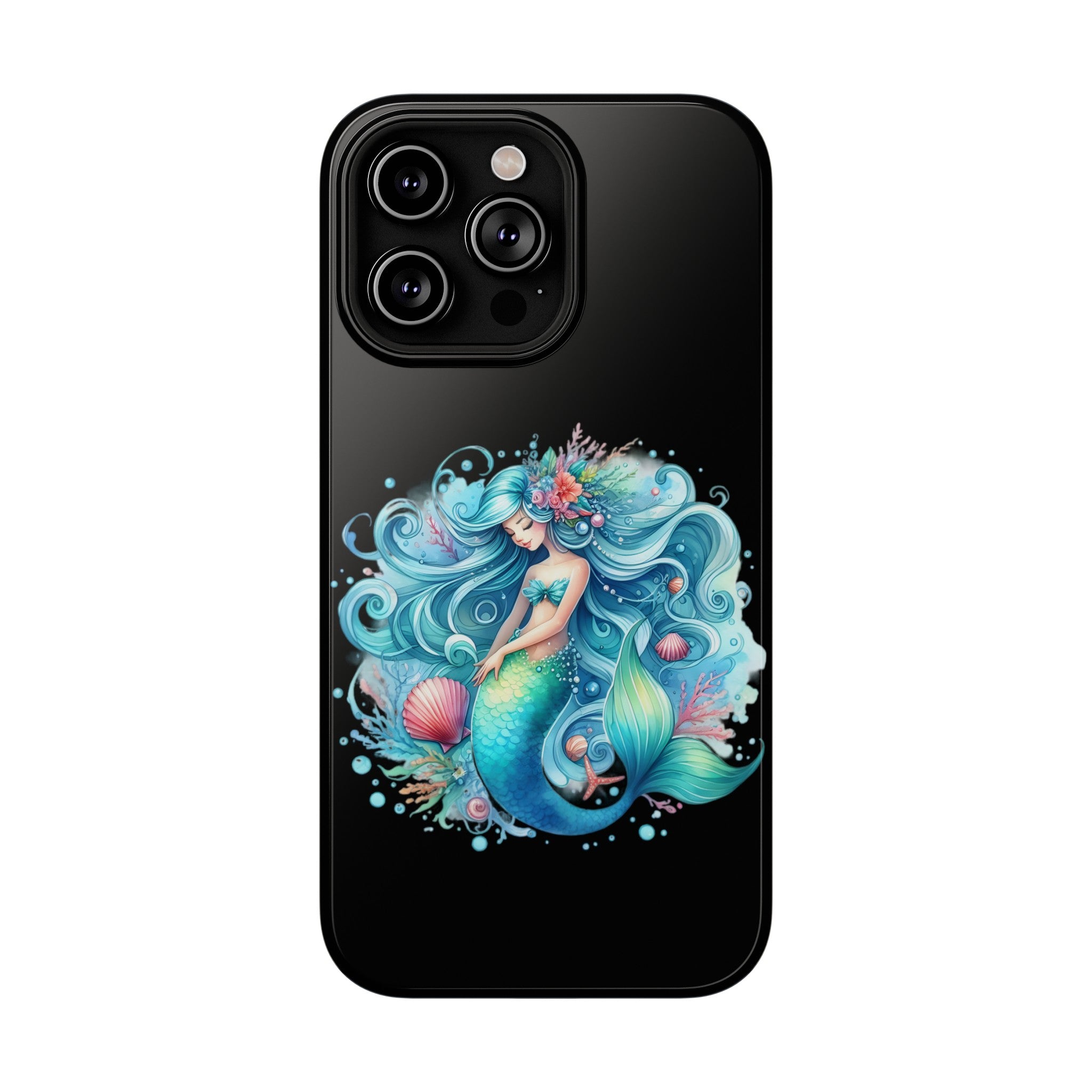 Sleepy Mermaid & Shells Black Phone Case – Matte or Glossy Finish