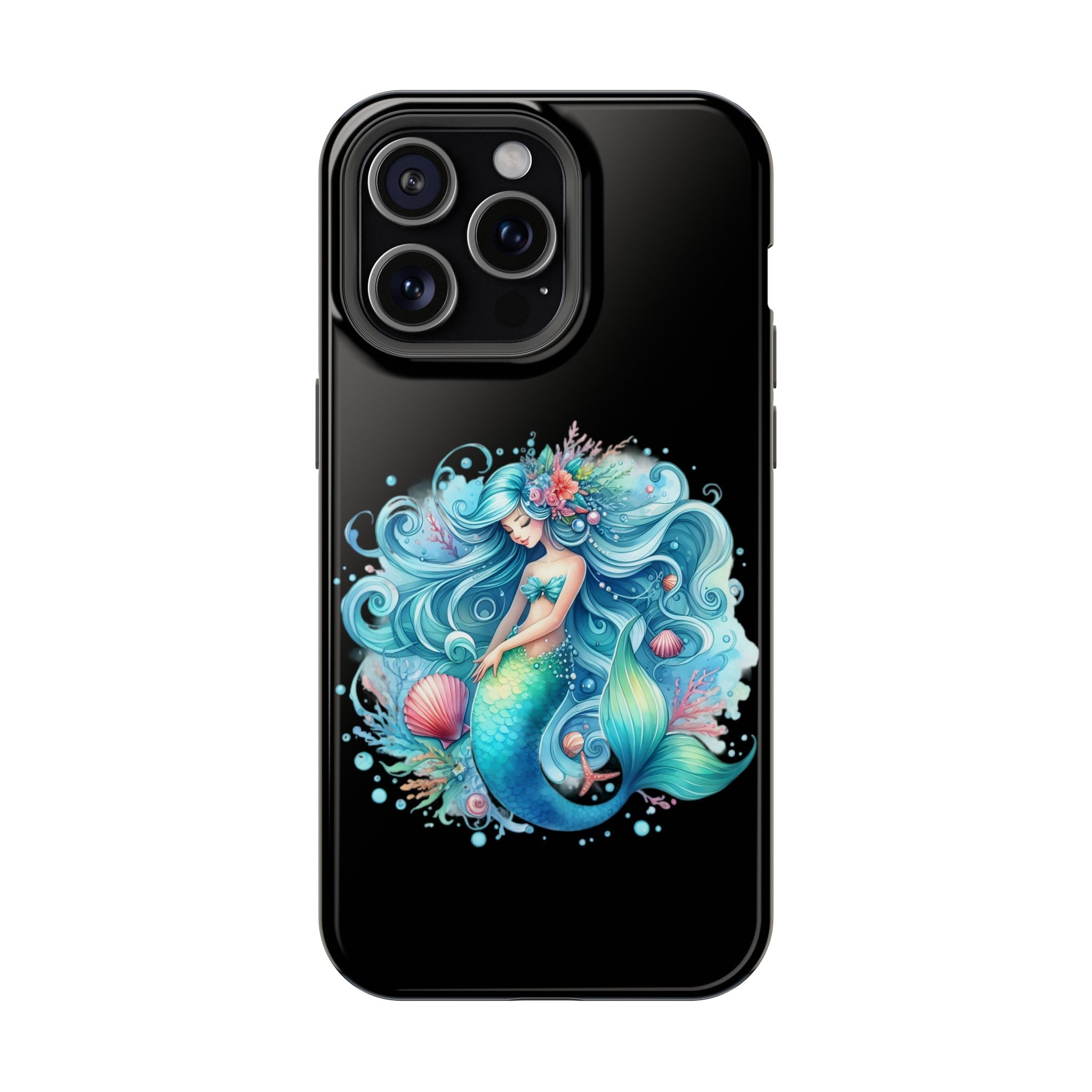 Sleepy Mermaid & Shells Black Phone Case – Matte or Glossy Finish