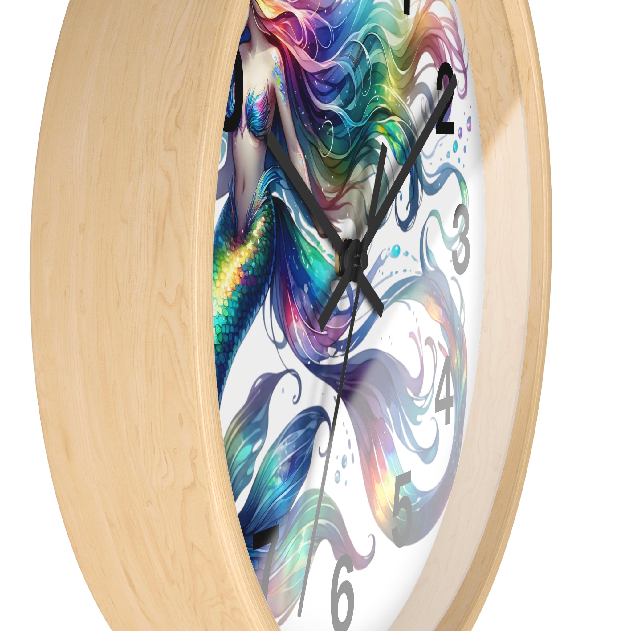 Rainbow Mermaid Wall Clock – Elegant Wood & Plexiglass Design