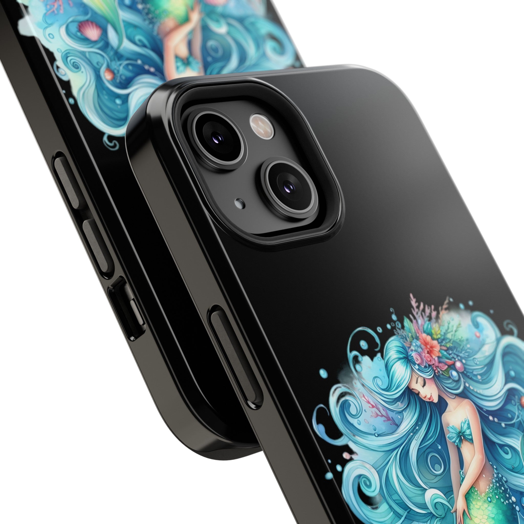 Sleepy Mermaid & Shells Black Phone Case – Matte or Glossy Finish