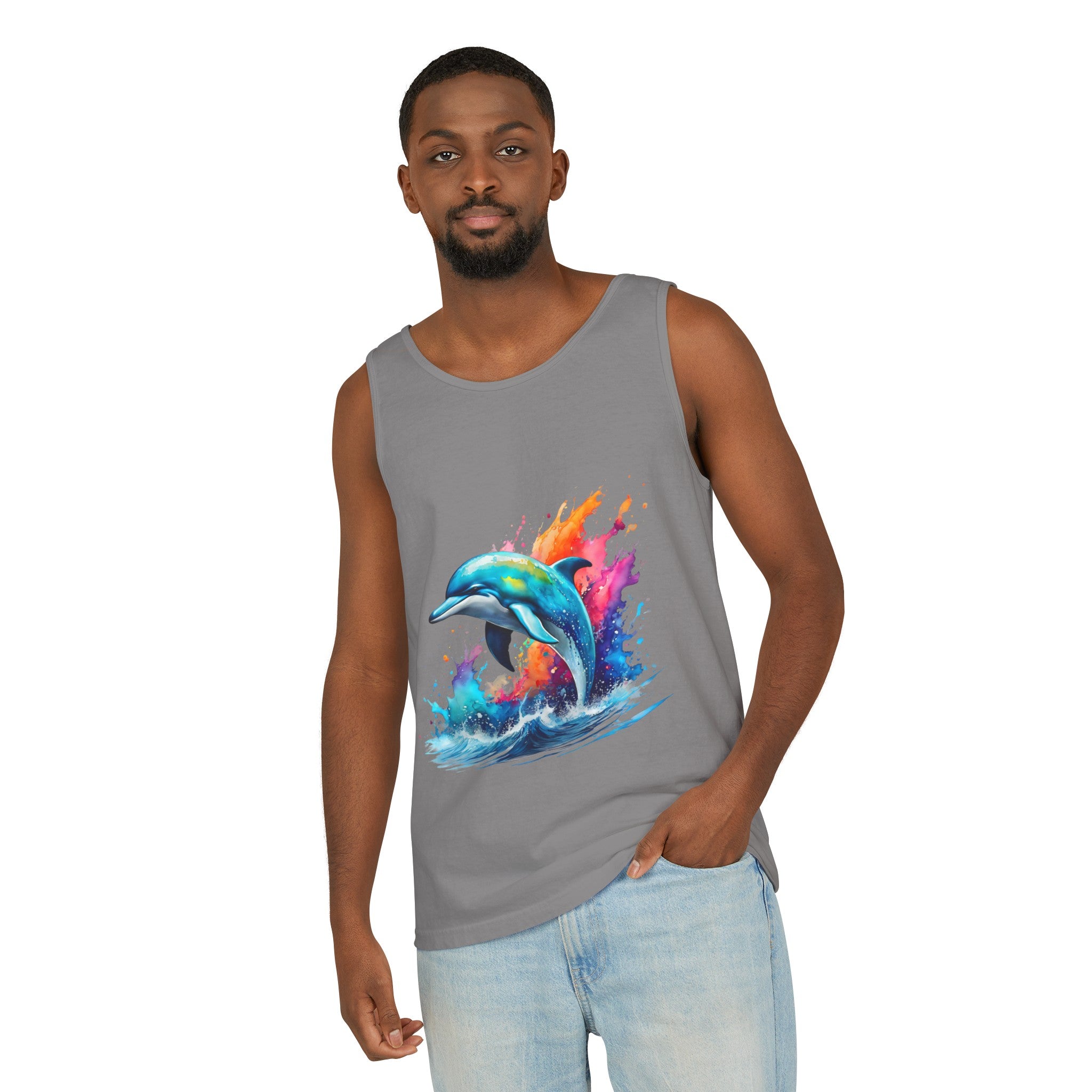 Colorful Dolphin Black Tank Top – Unisex Garment-Dyed Comfort