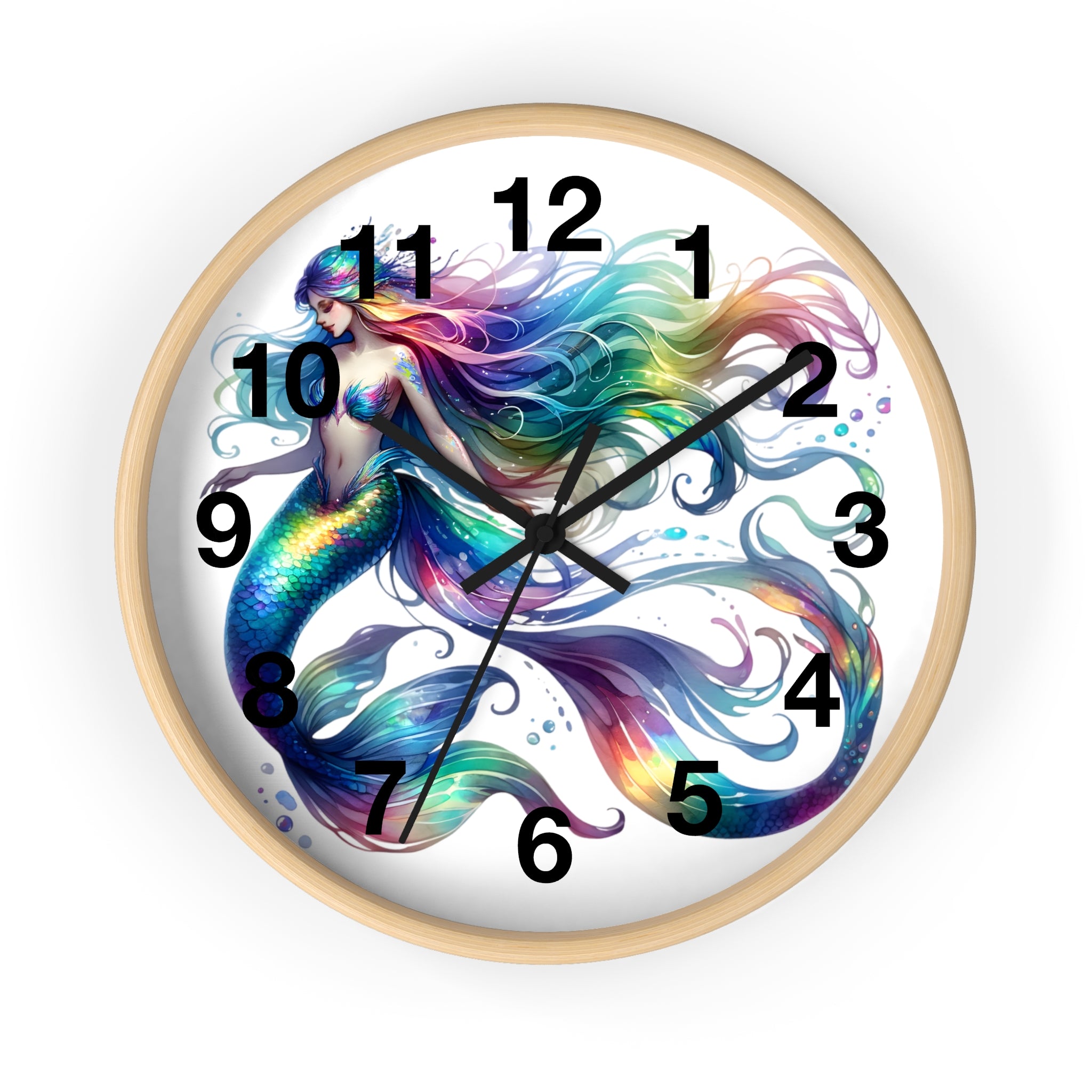 Rainbow Mermaid Wall Clock – Elegant Wood & Plexiglass Design