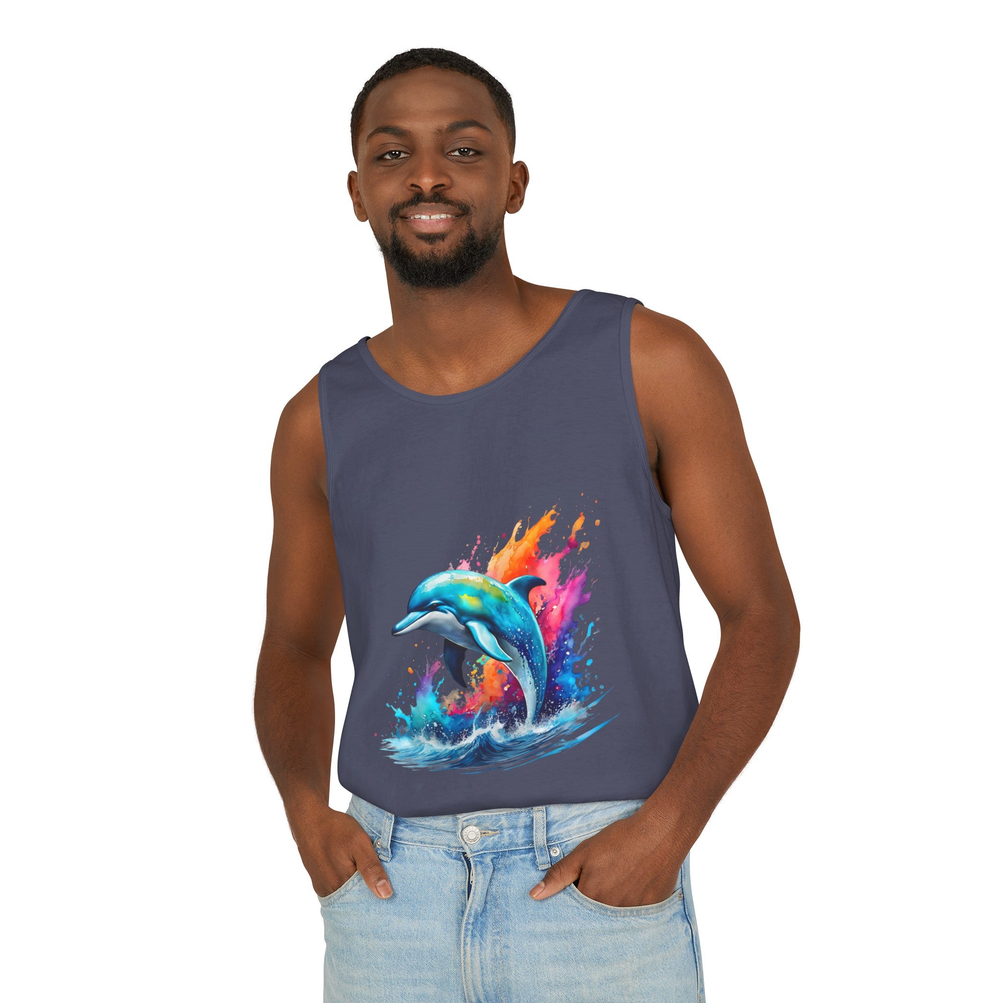 Colorful Dolphin Black Tank Top – Unisex Garment-Dyed Comfort