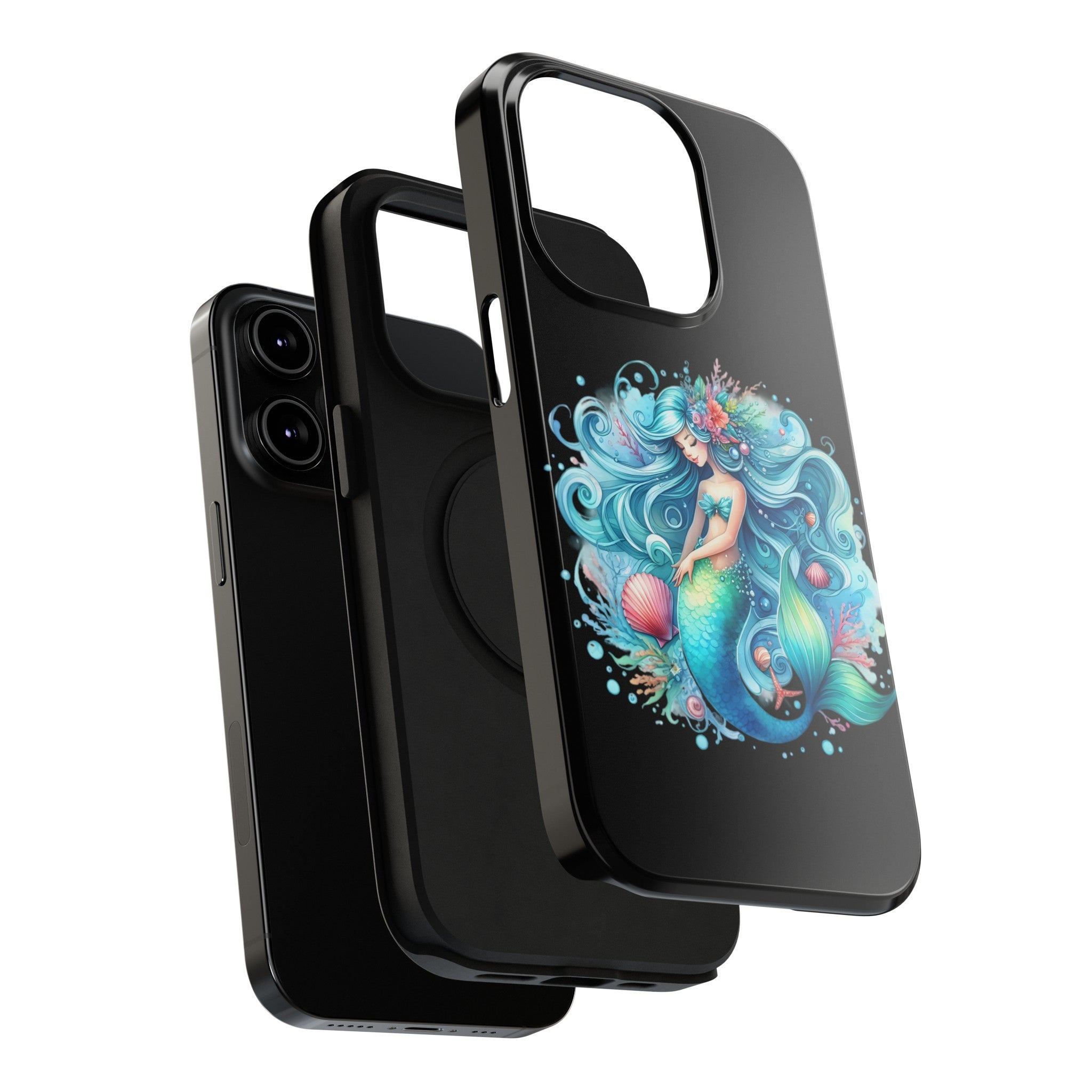 Sleepy Mermaid & Shells Black Phone Case – Matte or Glossy Finish