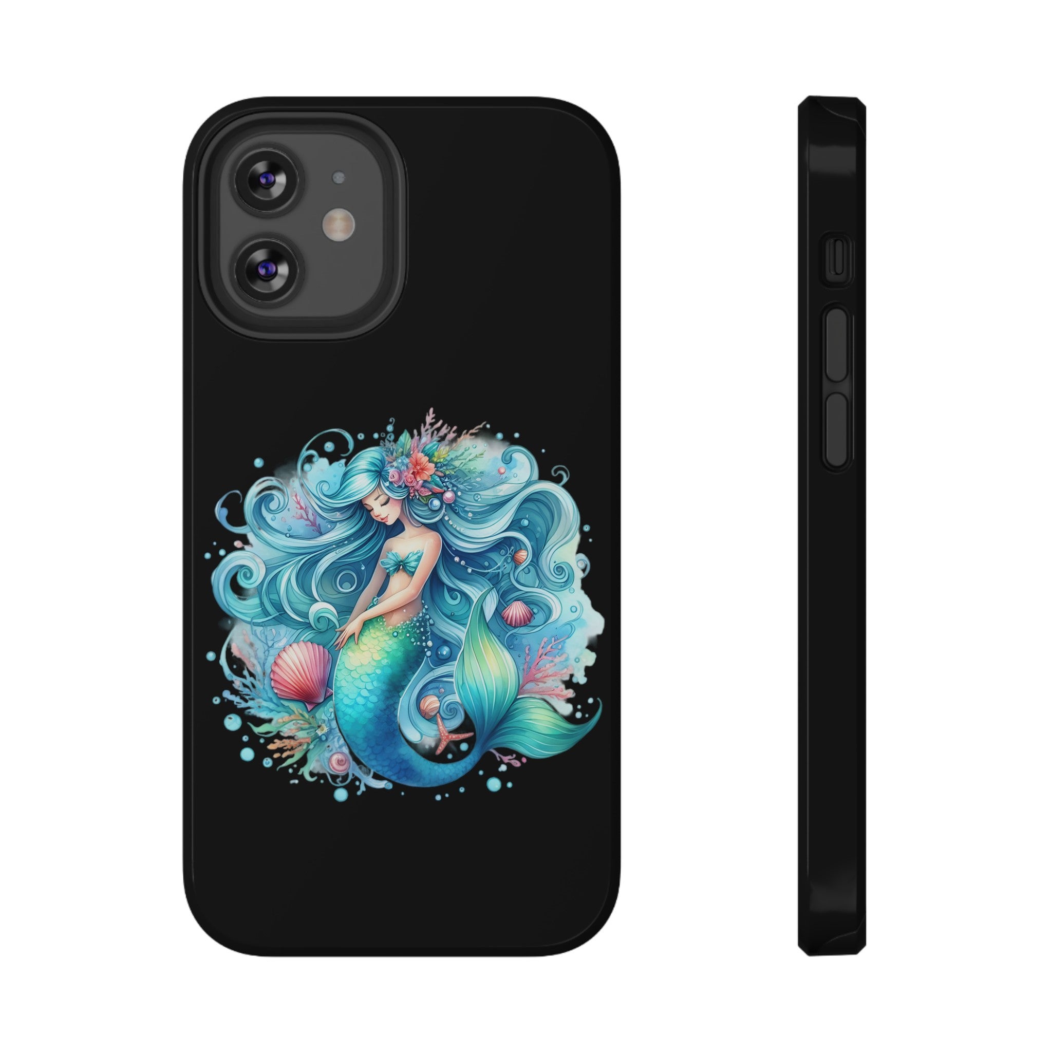 Sleepy Mermaid & Shells Black Phone Case – Matte or Glossy Finish