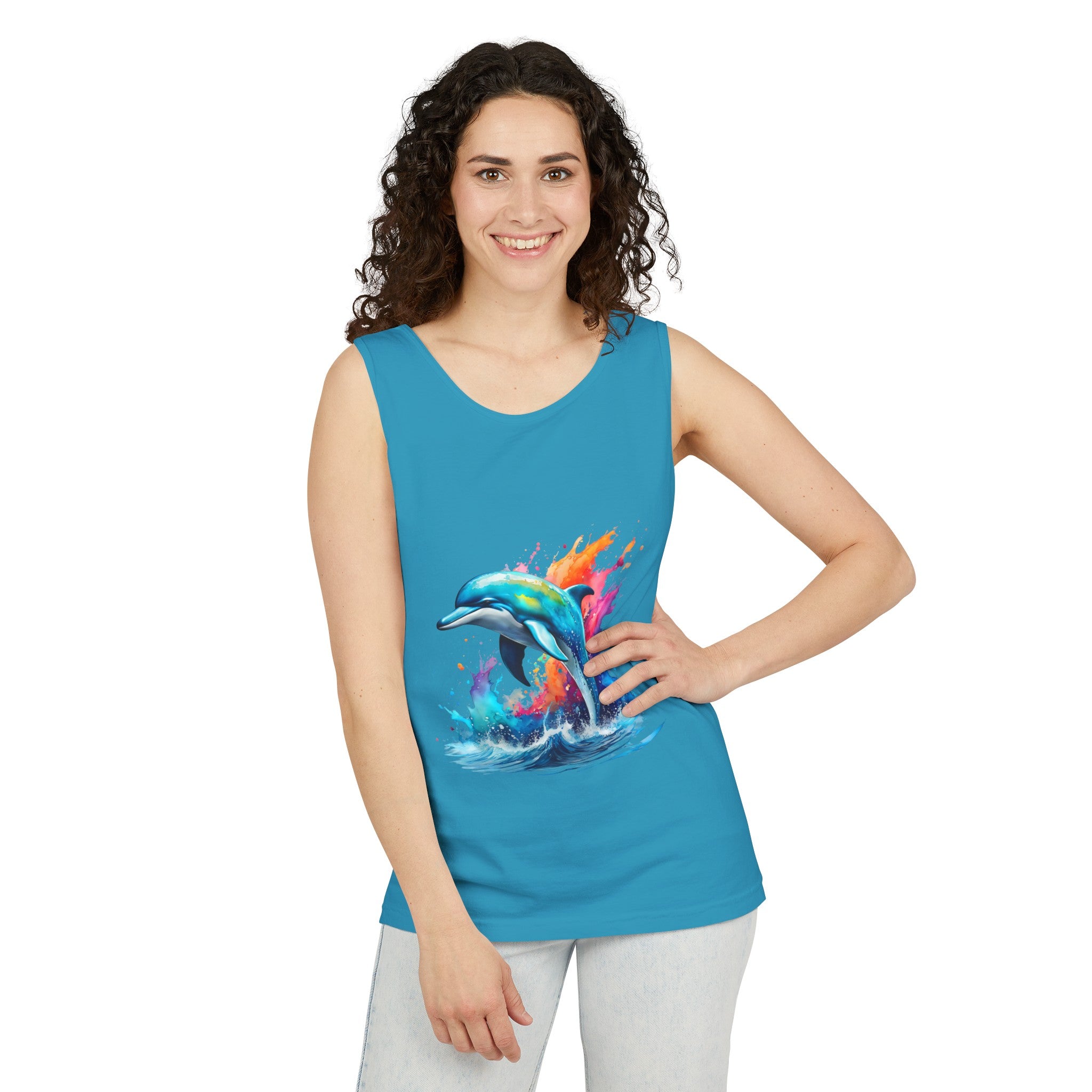 Colorful Dolphin Black Tank Top – Unisex Garment-Dyed Comfort