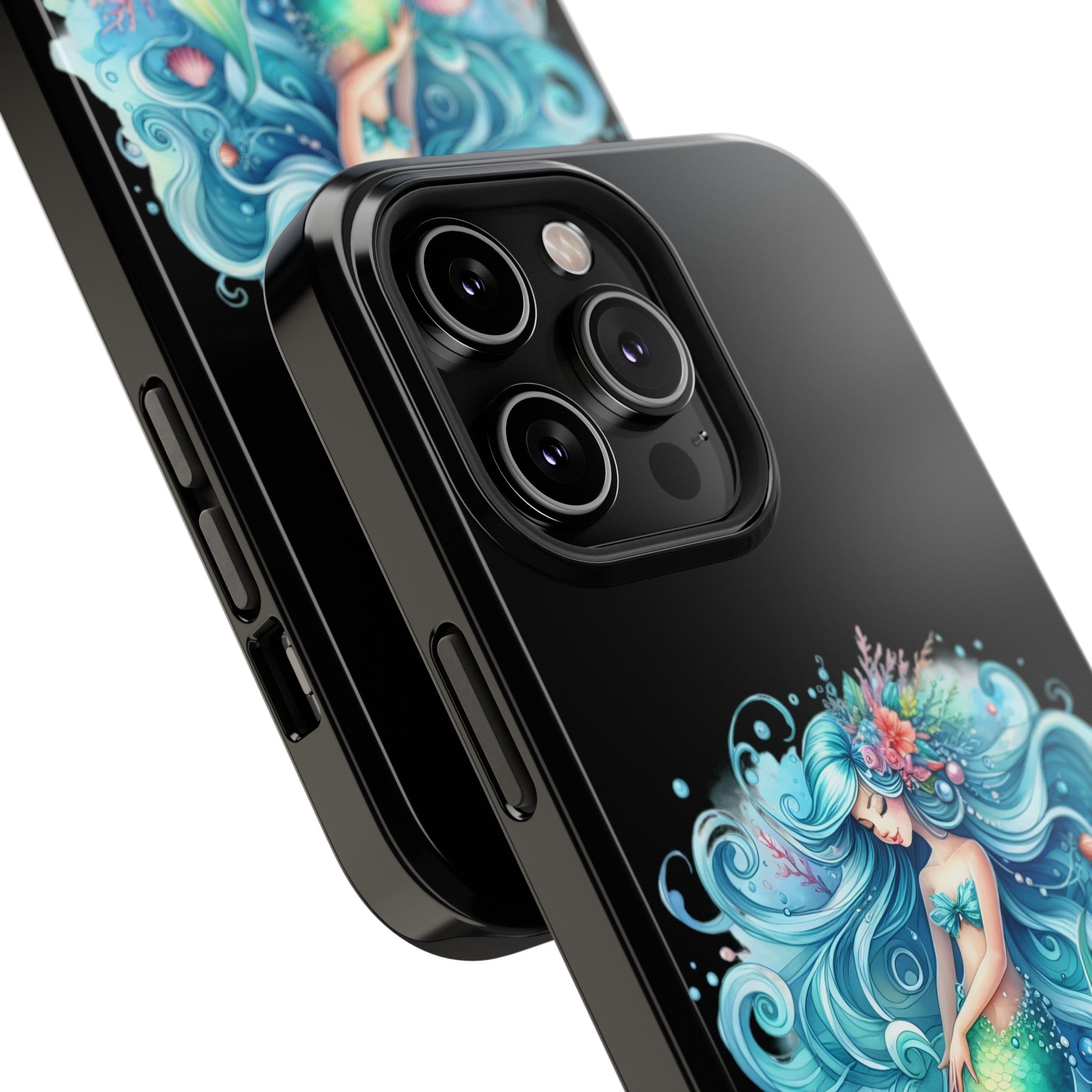 Sleepy Mermaid & Shells Black Phone Case – Matte or Glossy Finish