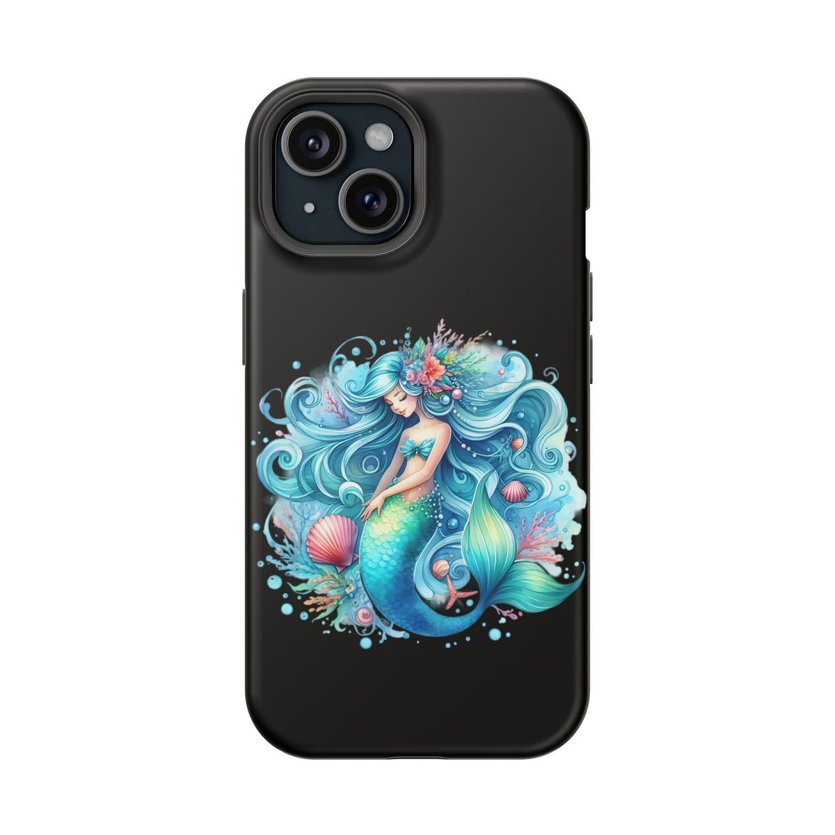 Sleepy Mermaid & Shells Black Phone Case – Matte or Glossy Finish