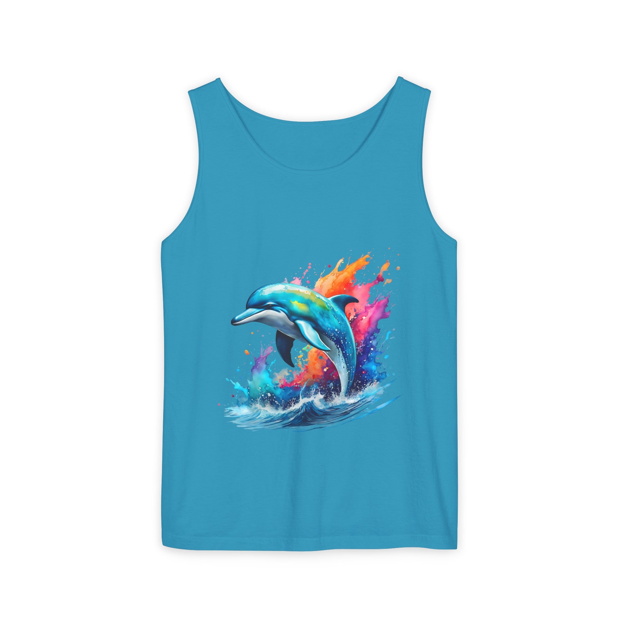 Colorful Dolphin Black Tank Top – Unisex Garment-Dyed Comfort