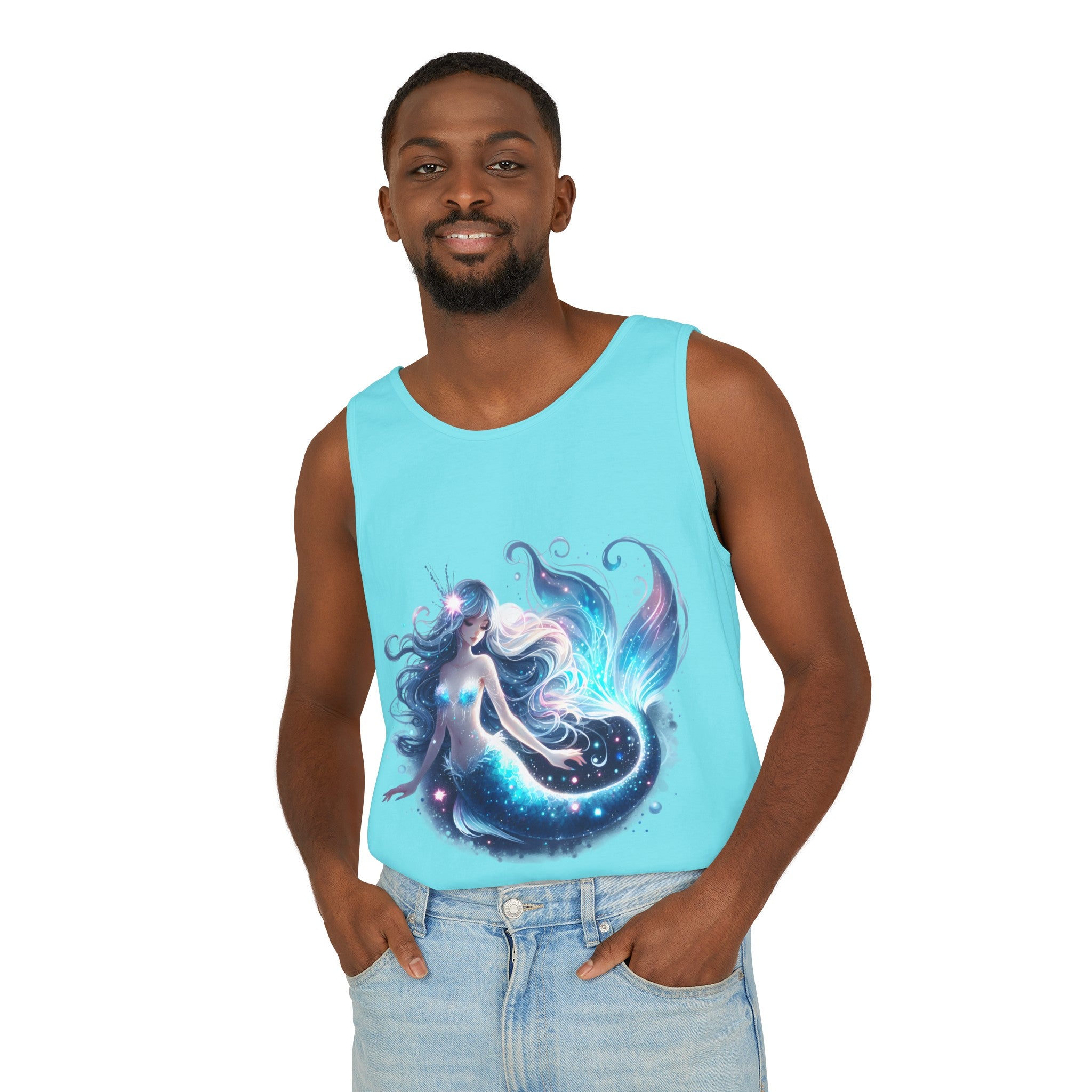 Blue Mermaid Black Tank Top – Unisex Garment-Dyed Comfort