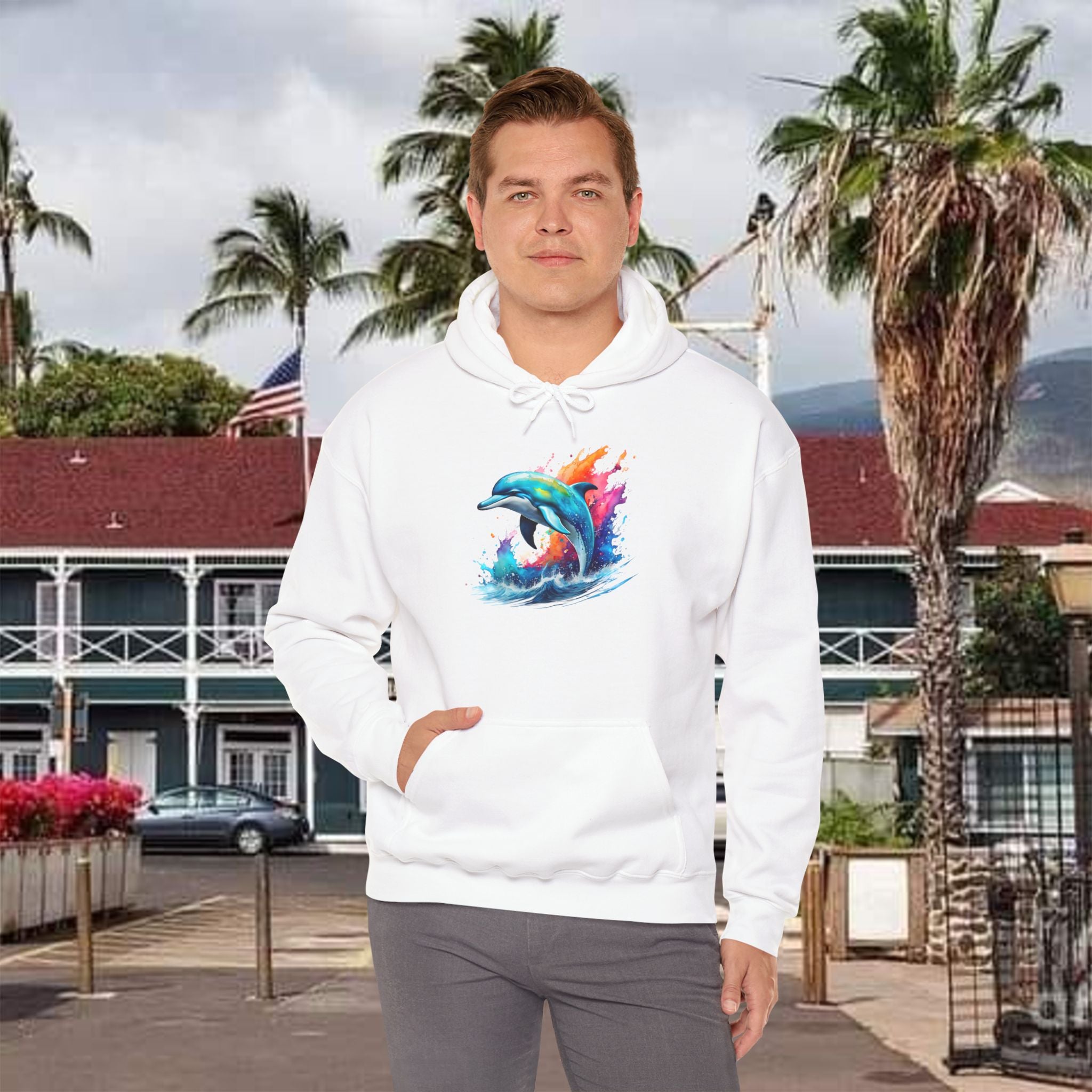 Rainbow Dolphin Hooded Sweatshirt Unisex Heavy Blend