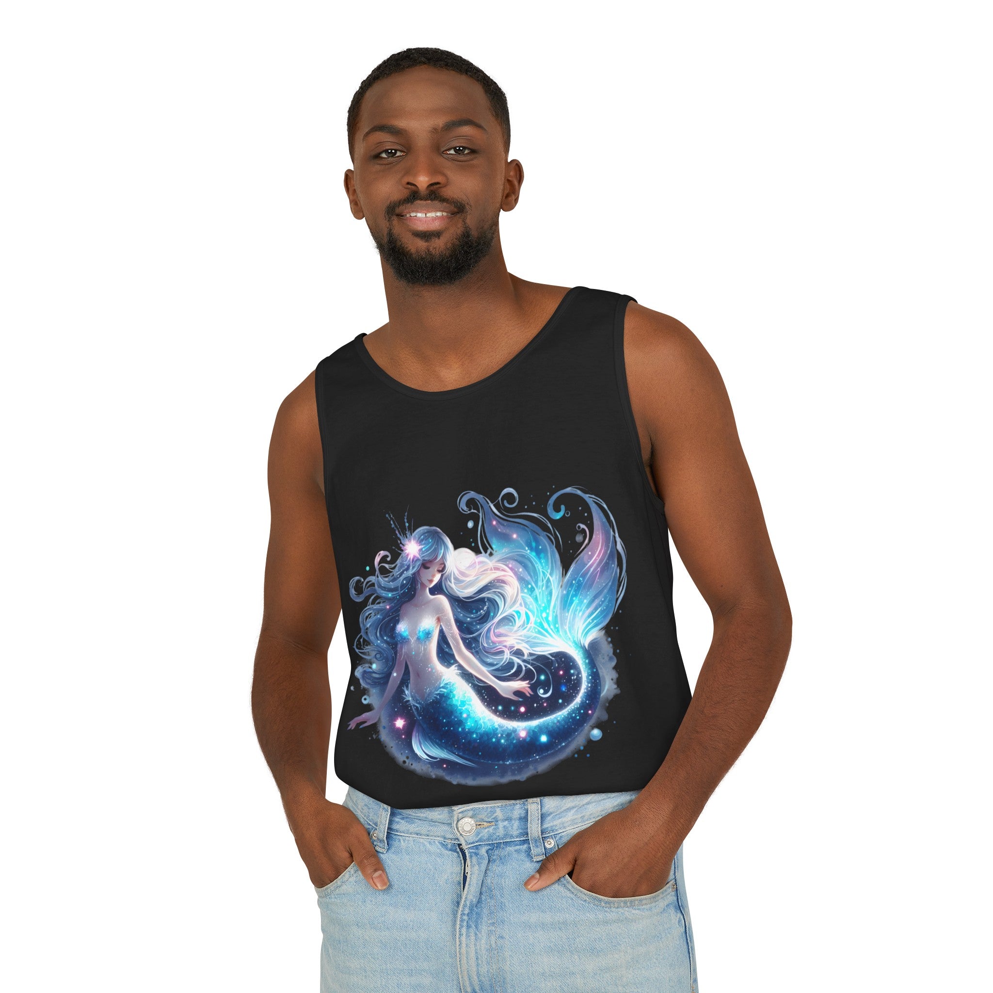 Blue Mermaid Black Tank Top – Unisex Garment-Dyed Comfort