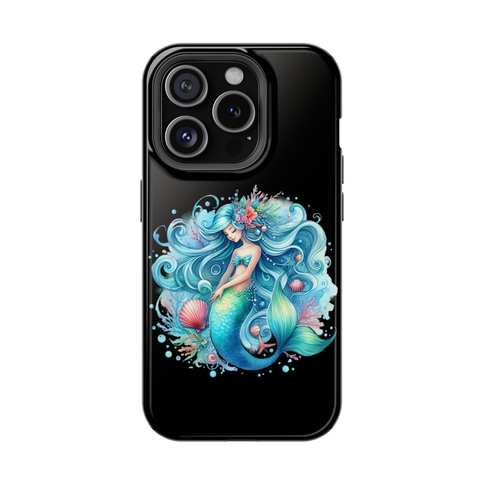 Sleepy Mermaid & Shells Black Phone Case – Matte or Glossy Finish