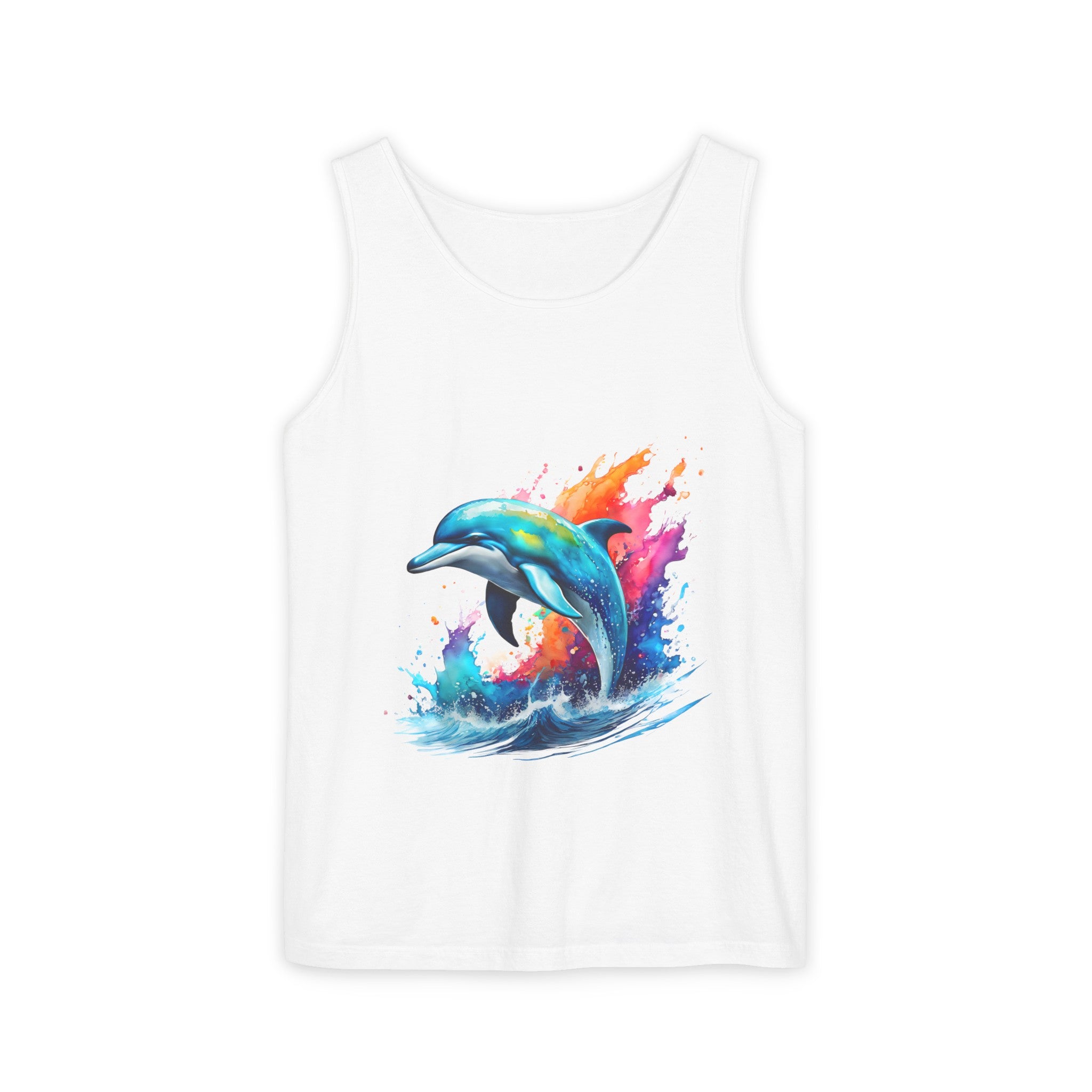 Colorful Dolphin Black Tank Top – Unisex Garment-Dyed Comfort