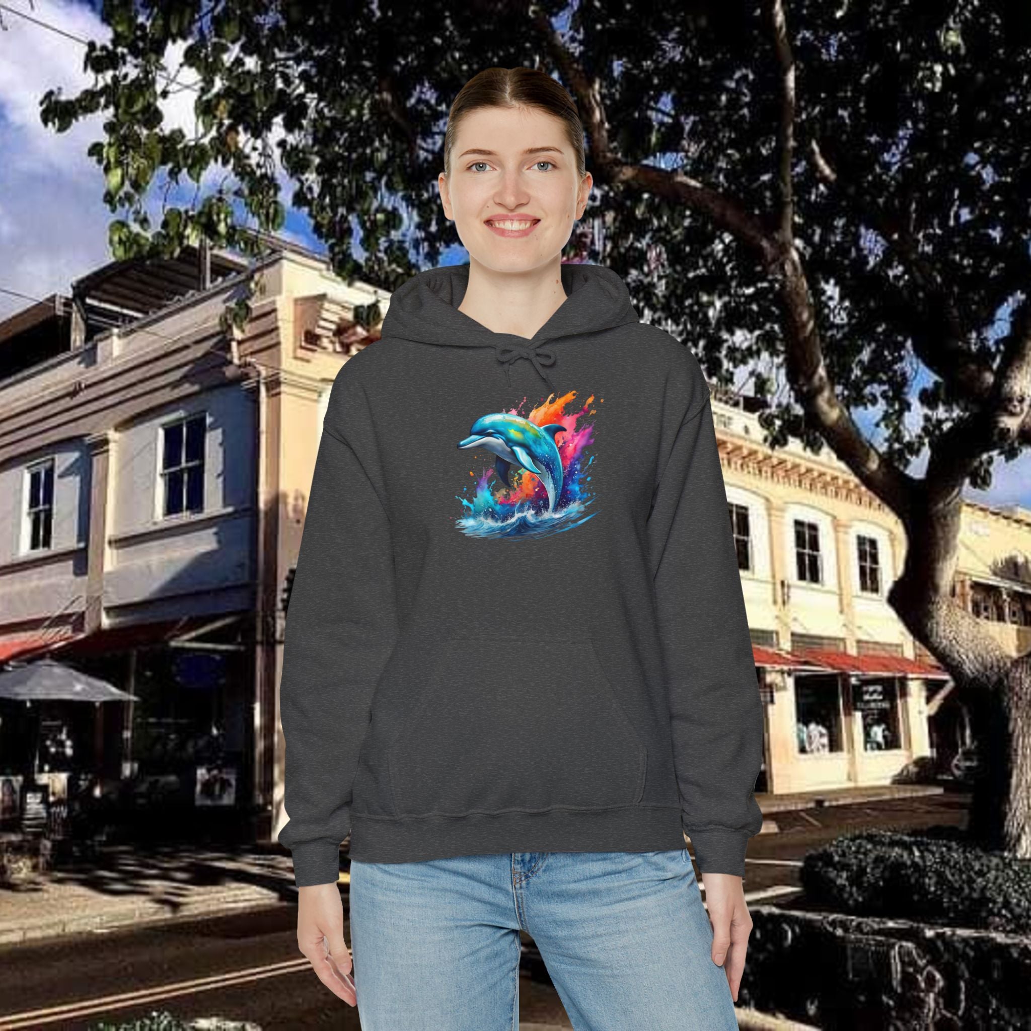 Rainbow Dolphin Hooded Sweatshirt Unisex Heavy Blend