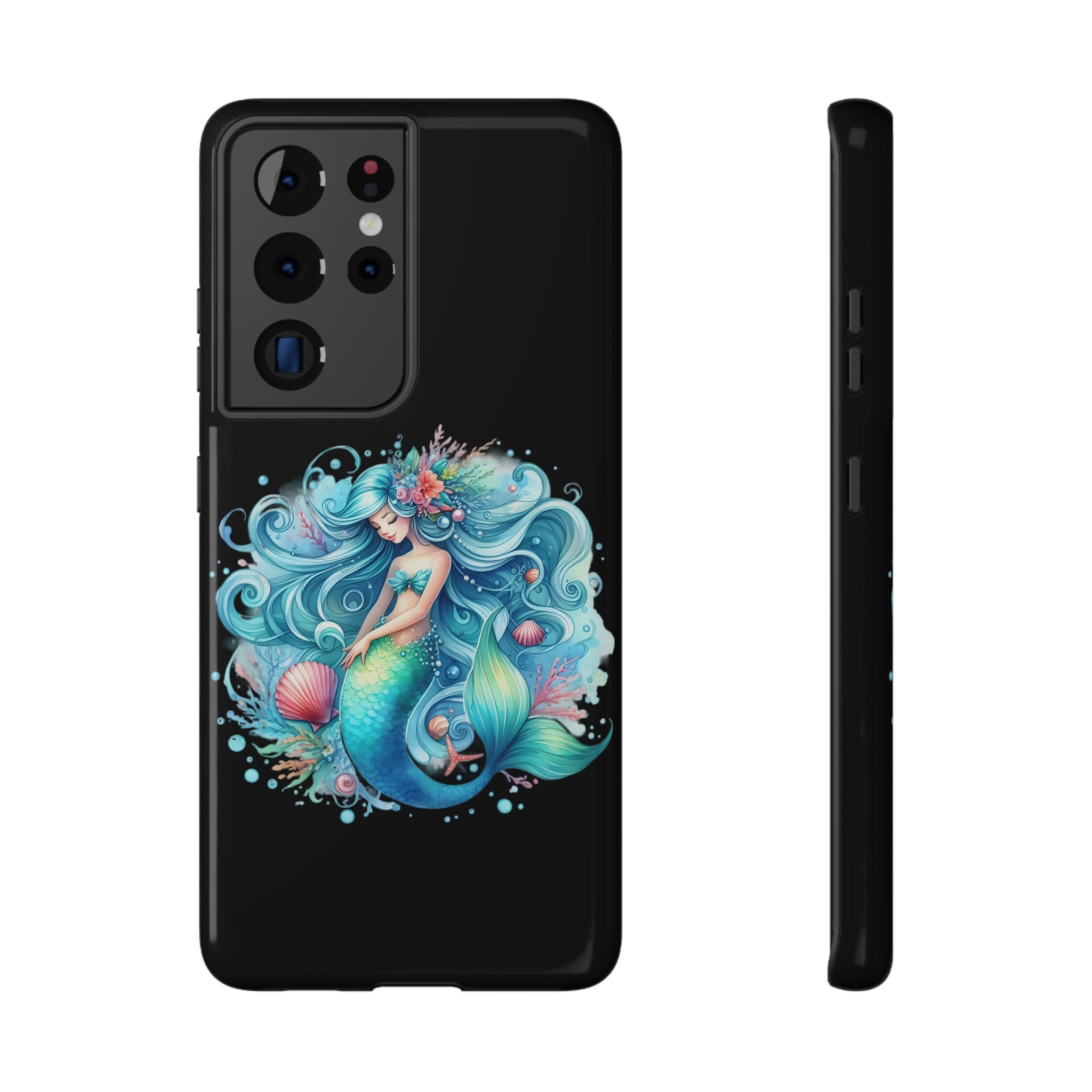 Sleepy Mermaid & Shells Black Phone Case – Matte or Glossy Finish