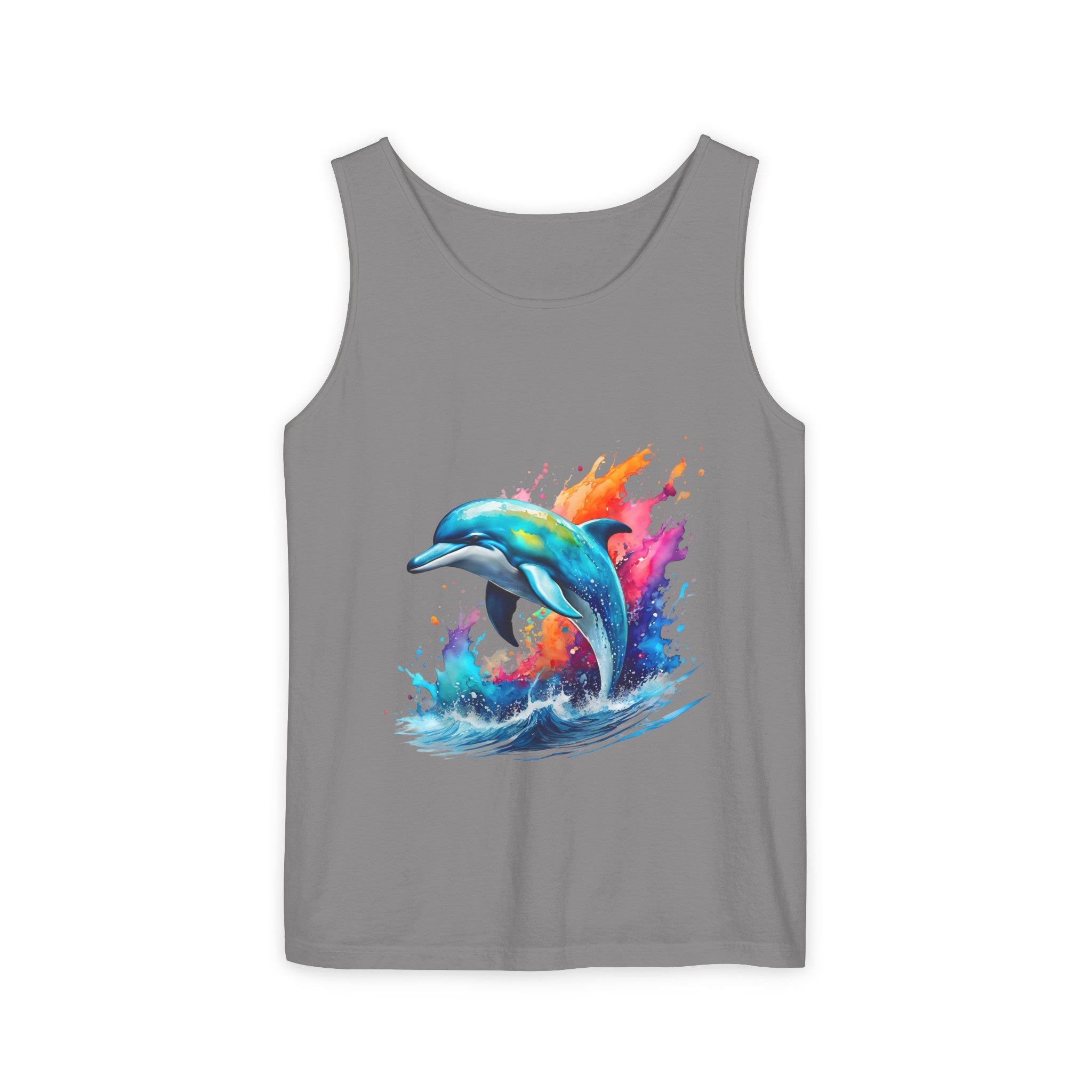 Colorful Dolphin Black Tank Top – Unisex Garment-Dyed Comfort