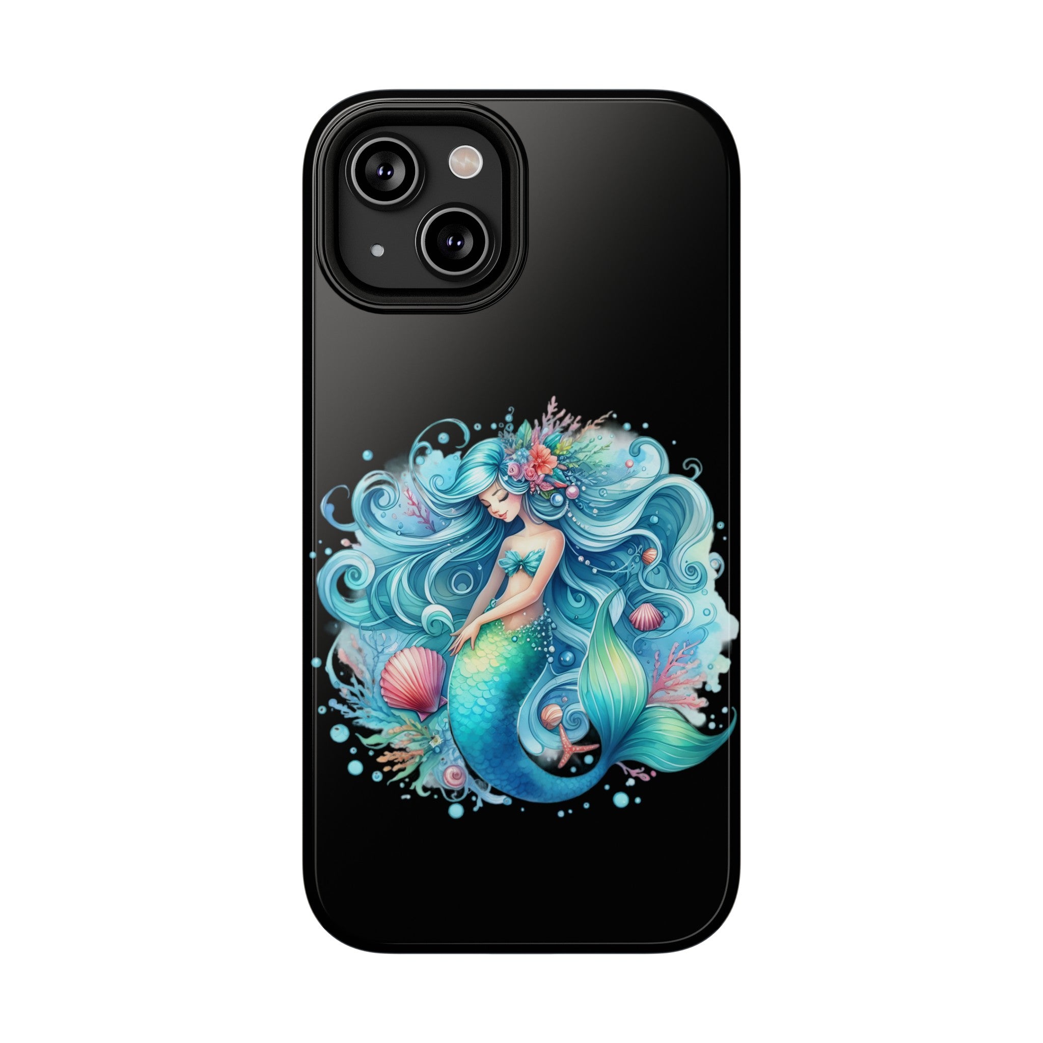 Sleepy Mermaid & Shells Black Phone Case – Matte or Glossy Finish