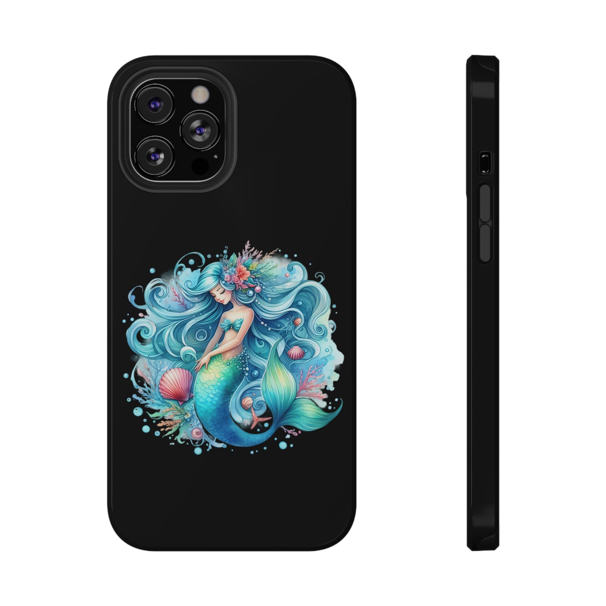 Sleepy Mermaid & Shells Black Phone Case – Matte or Glossy Finish