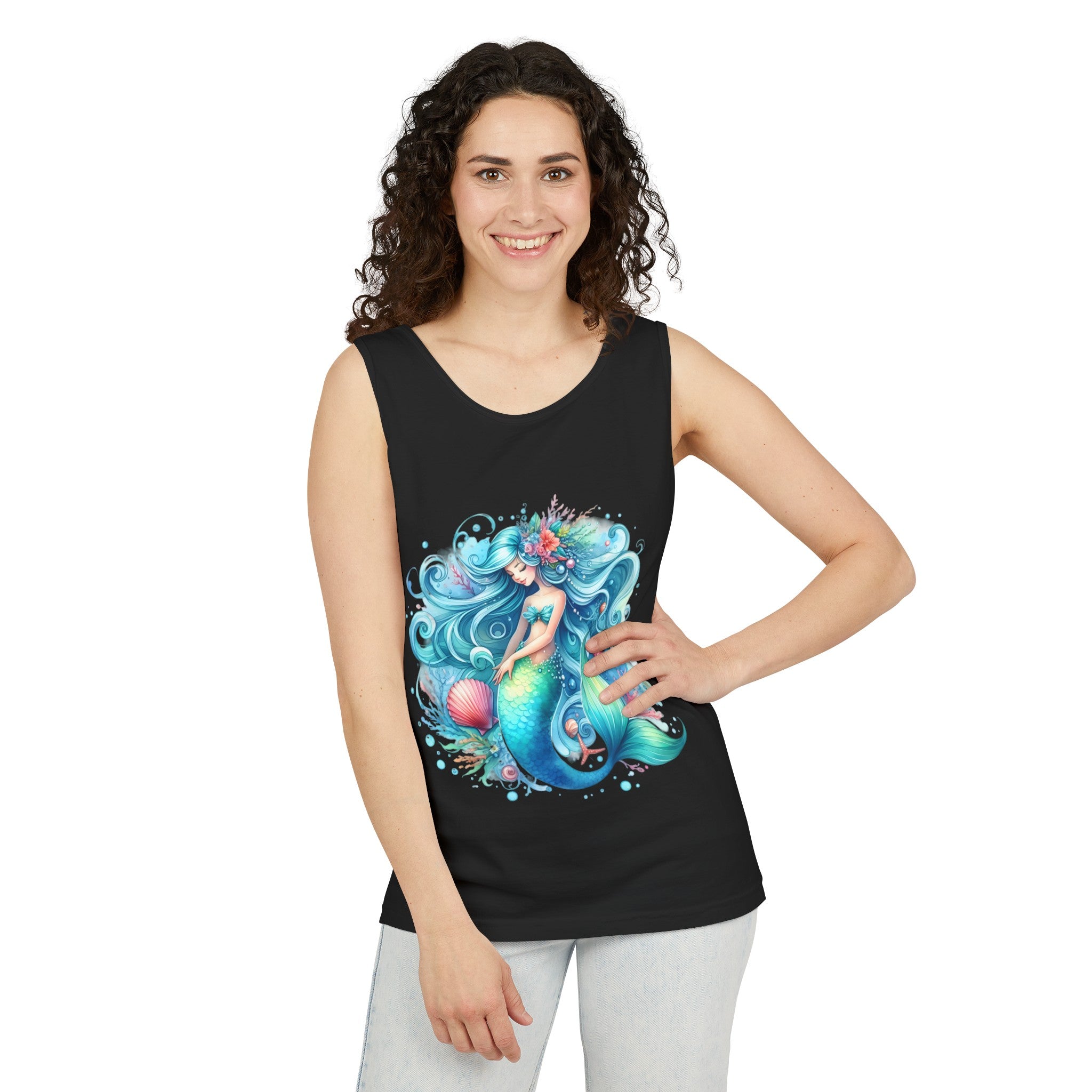 Sleeping Mermaid Black Tank Top – Unisex Garment-Dyed Comfort