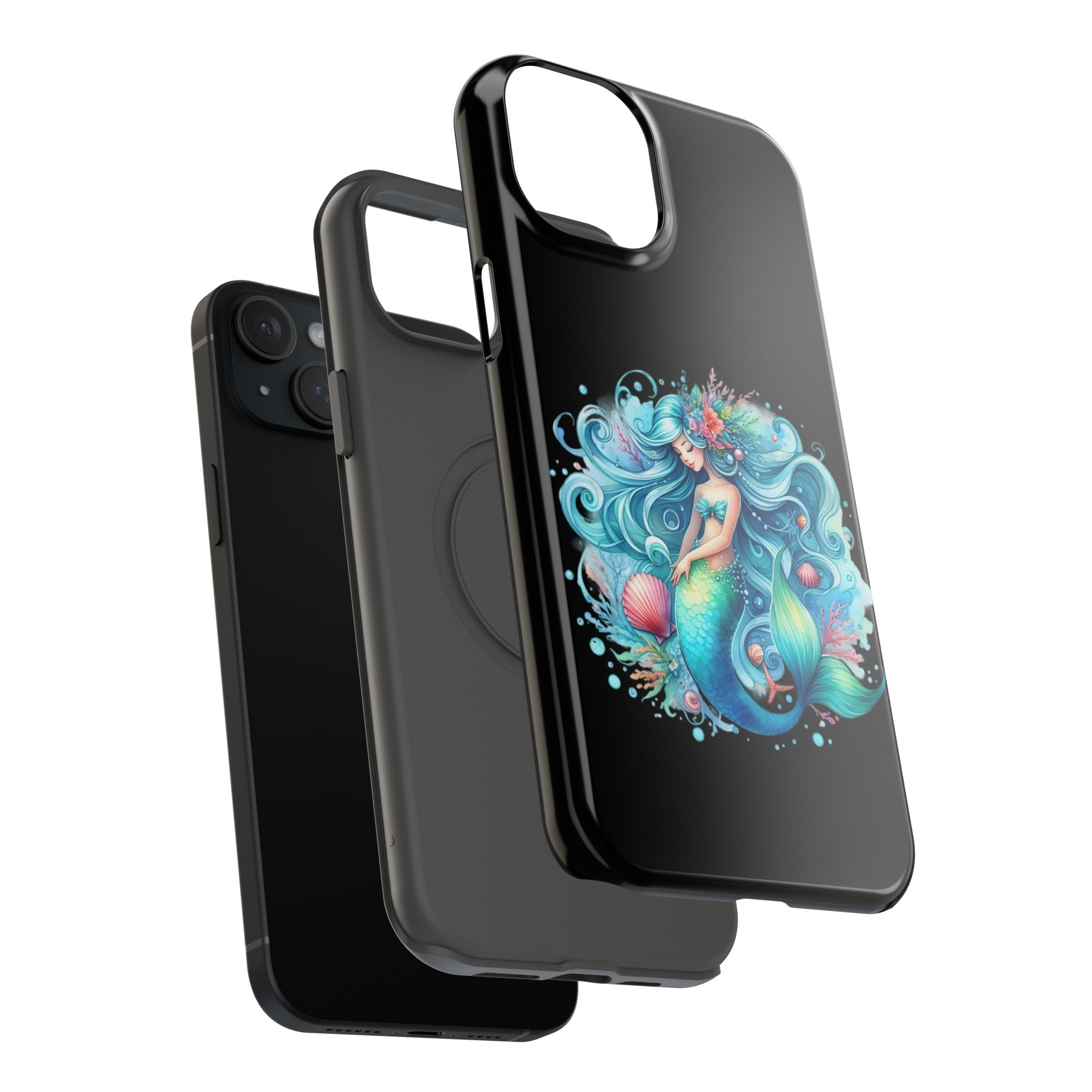 Sleepy Mermaid & Shells Black Phone Case – Matte or Glossy Finish