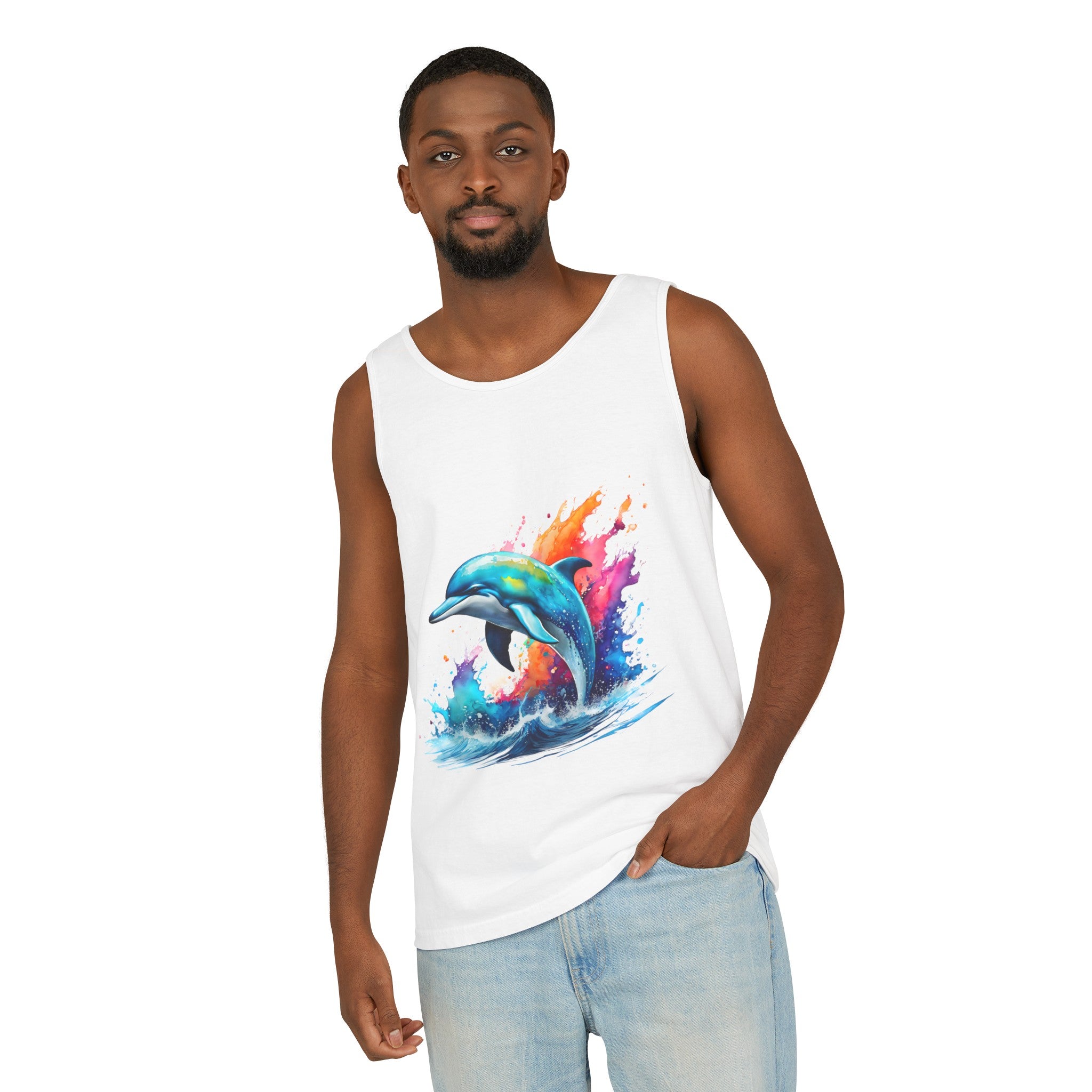 Colorful Dolphin Black Tank Top – Unisex Garment-Dyed Comfort