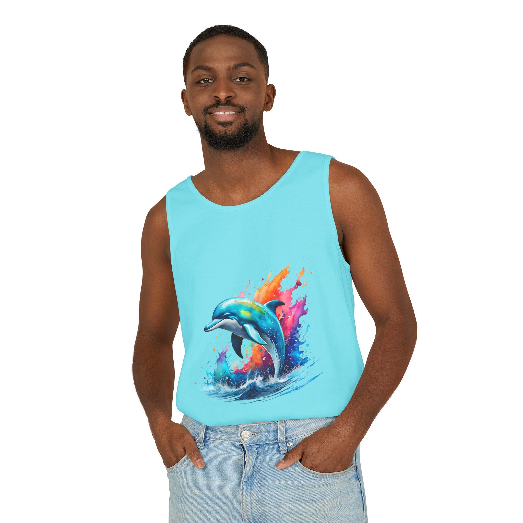 Colorful Dolphin Black Tank Top – Unisex Garment-Dyed Comfort