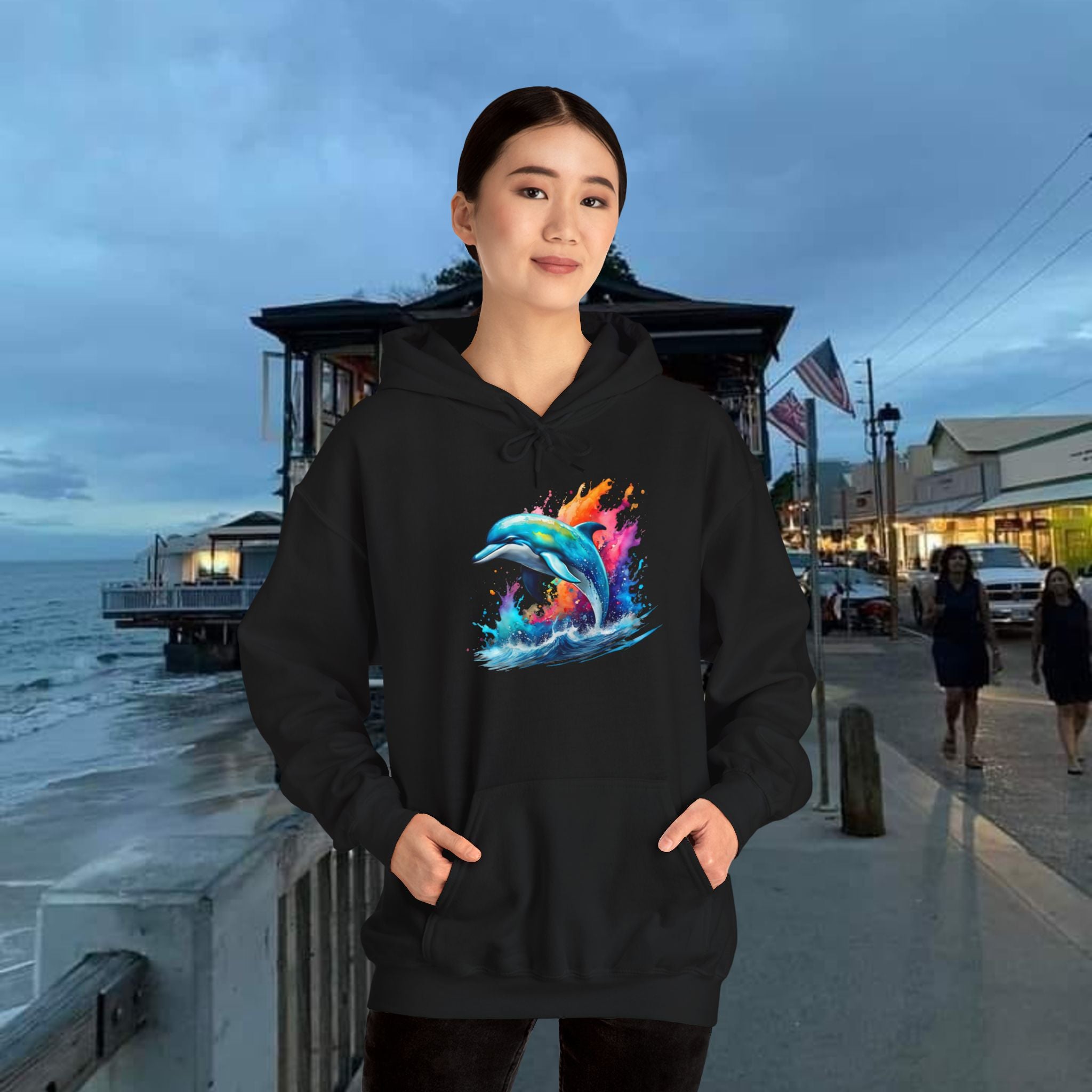 Rainbow Dolphin Hooded Sweatshirt Unisex Heavy Blend