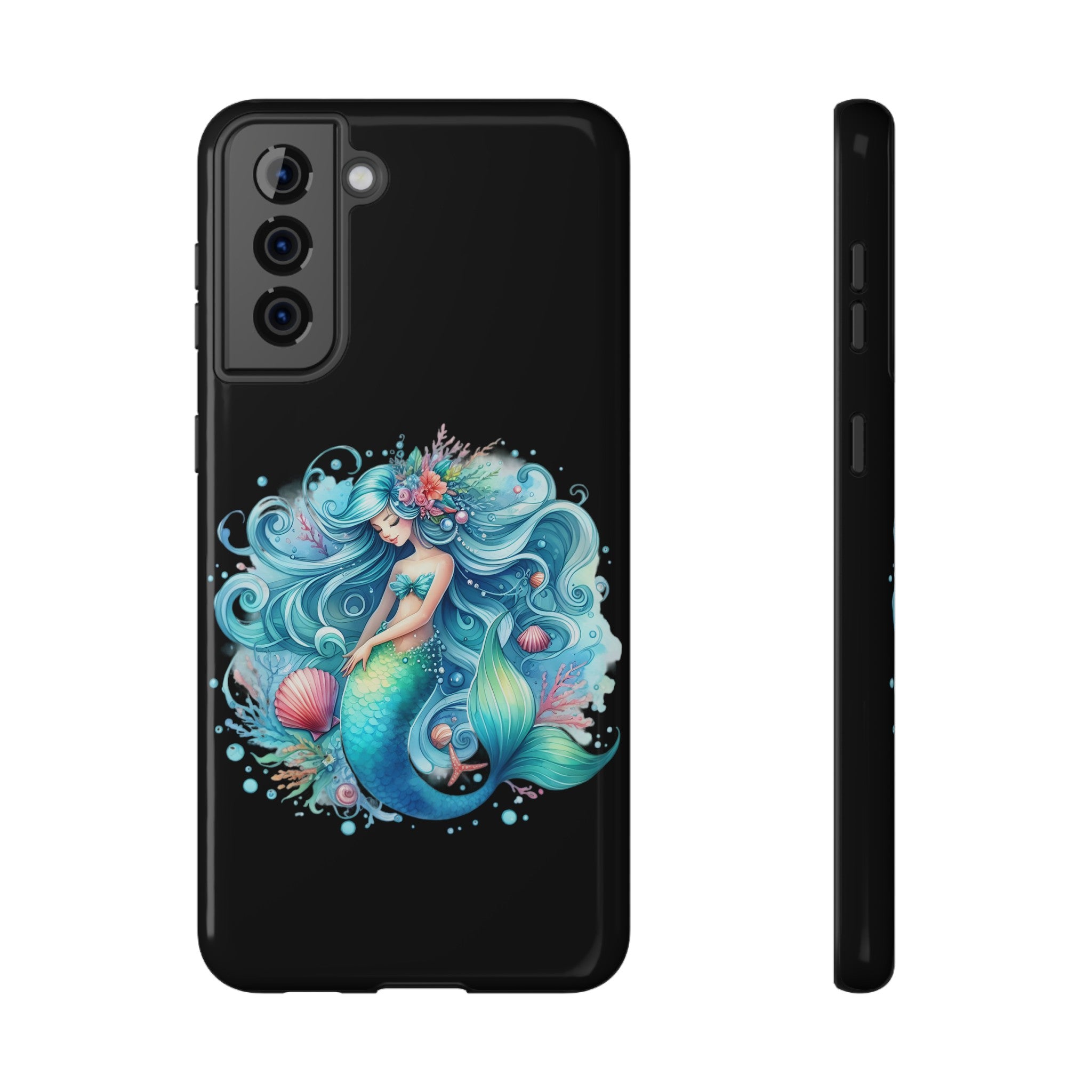 Sleepy Mermaid & Shells Black Phone Case – Matte or Glossy Finish