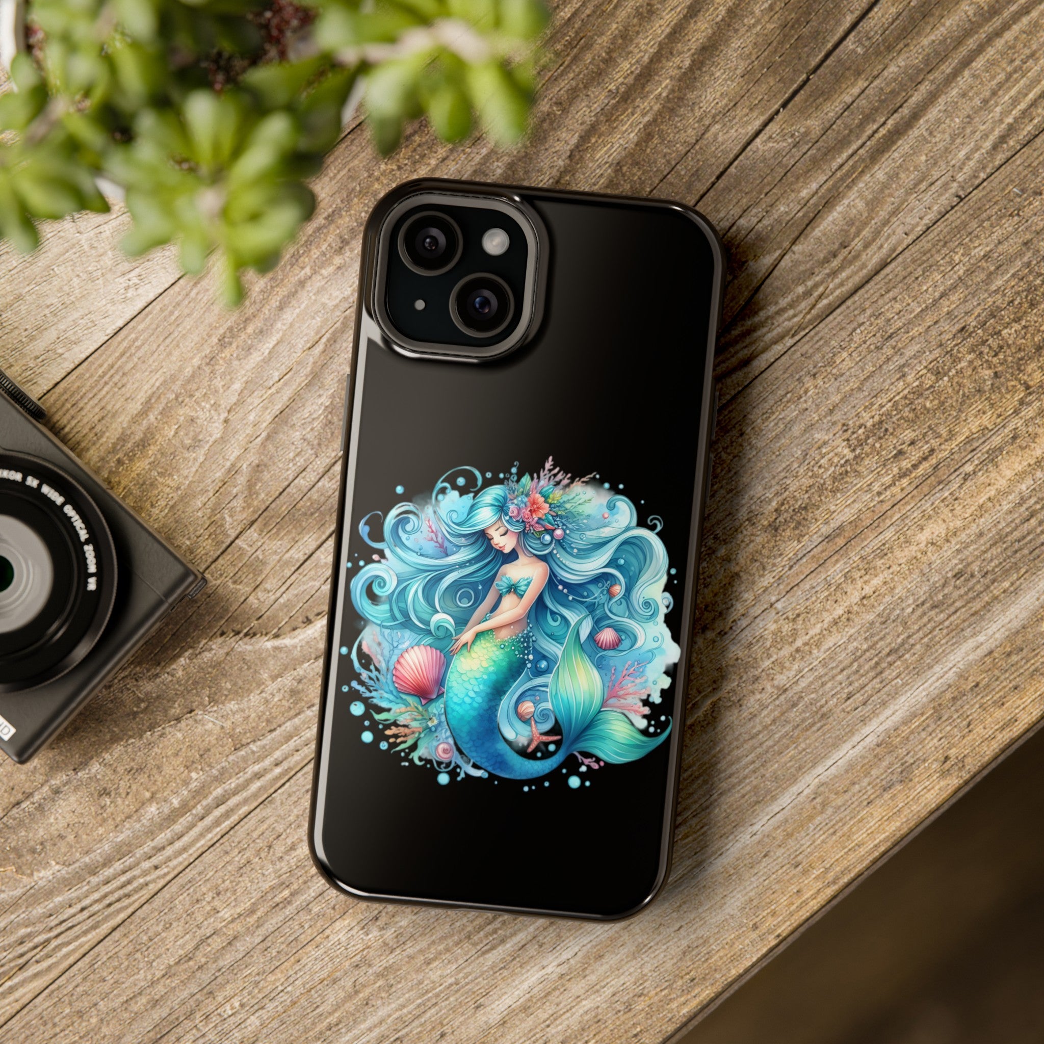 Sleepy Mermaid & Shells Black Phone Case – Matte or Glossy Finish