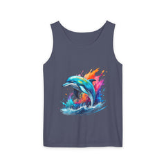 Colorful Dolphin Black Tank Top – Unisex Garment-Dyed Comfort