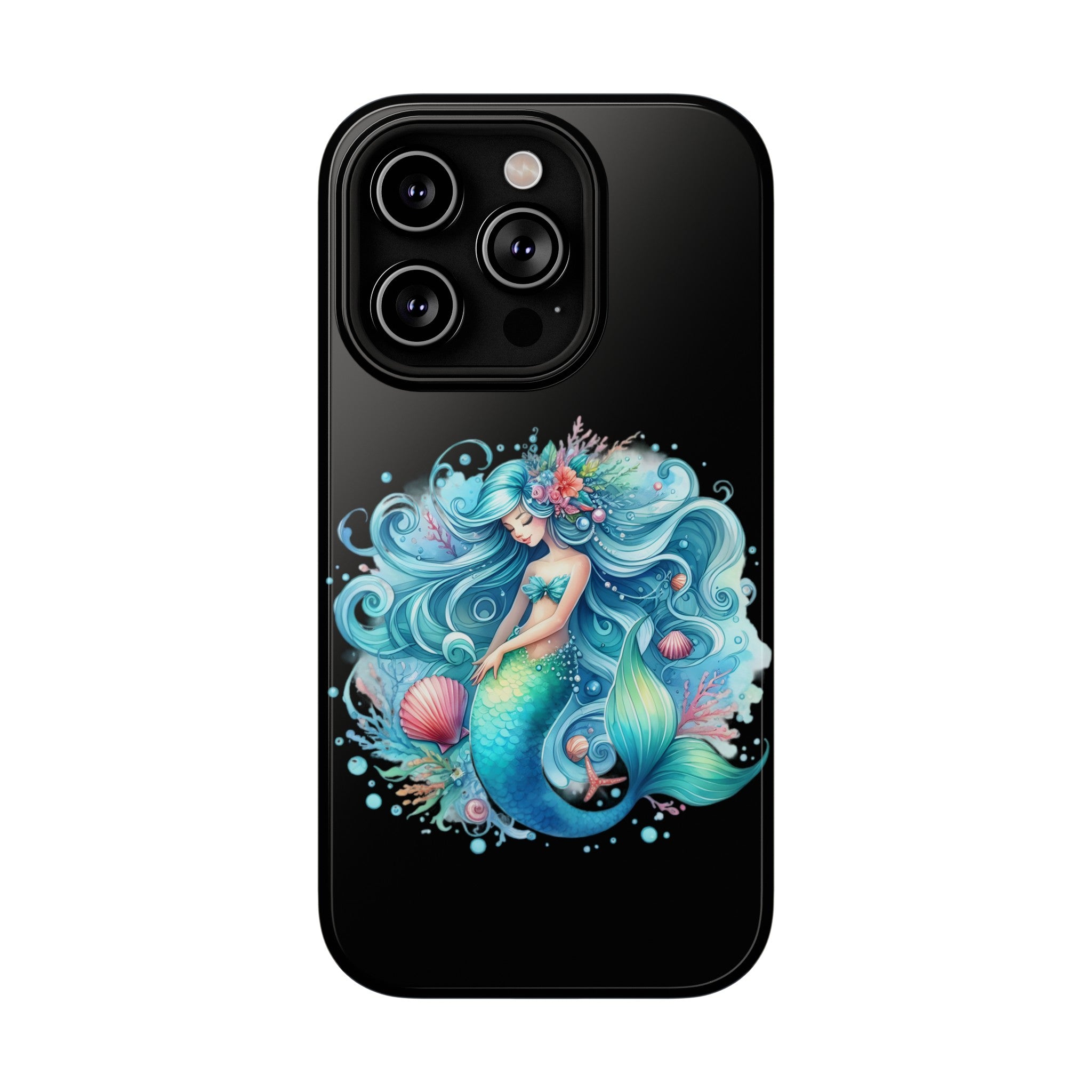 Sleepy Mermaid & Shells Black Phone Case – Matte or Glossy Finish