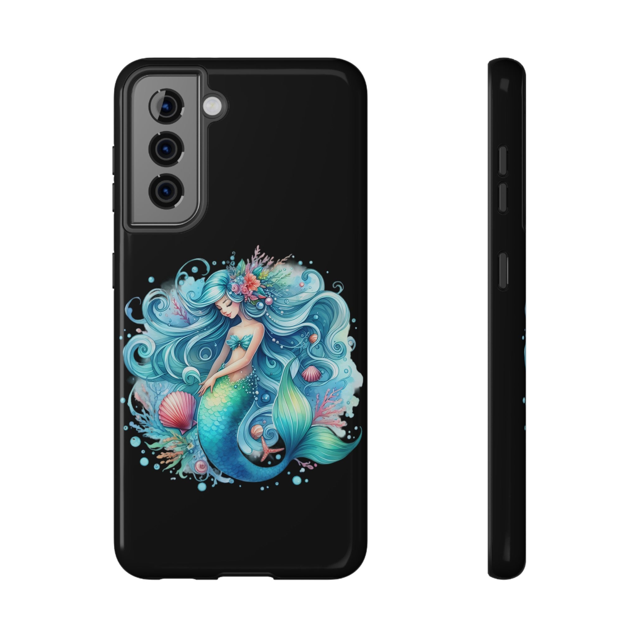 Sleepy Mermaid & Shells Black Phone Case – Matte or Glossy Finish