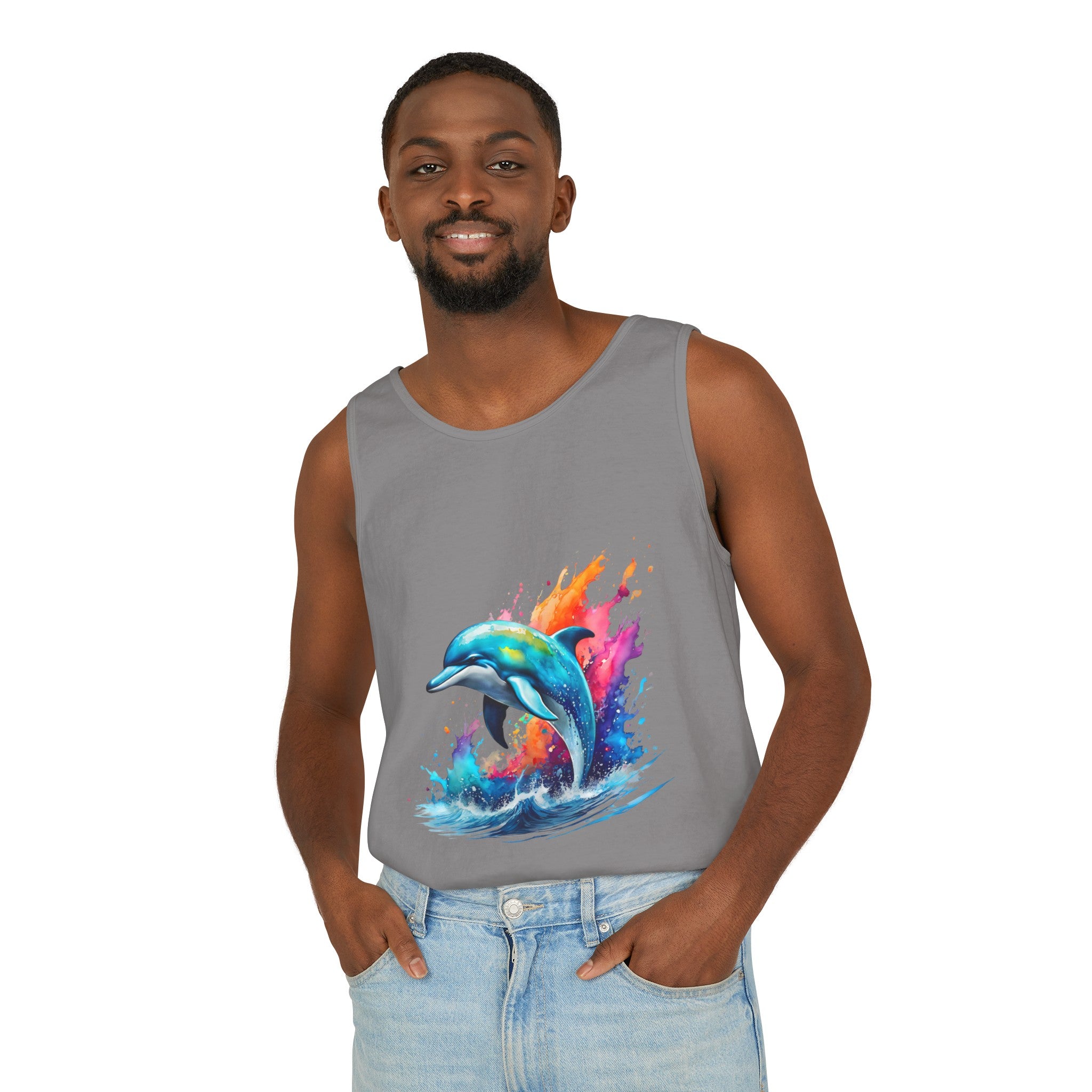 Colorful Dolphin Black Tank Top – Unisex Garment-Dyed Comfort