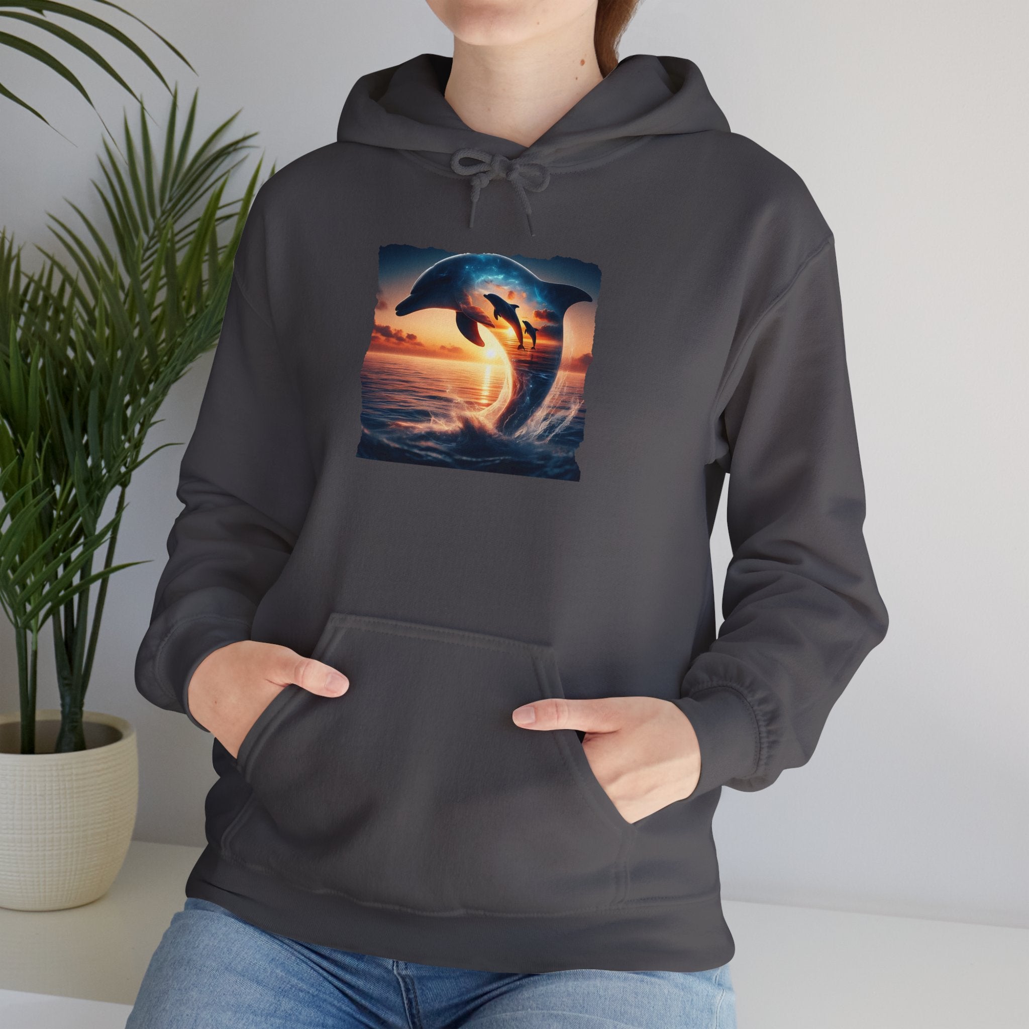 3 Dolphin Sunset Hooded Sweatshirt Unisex Heavy Blend