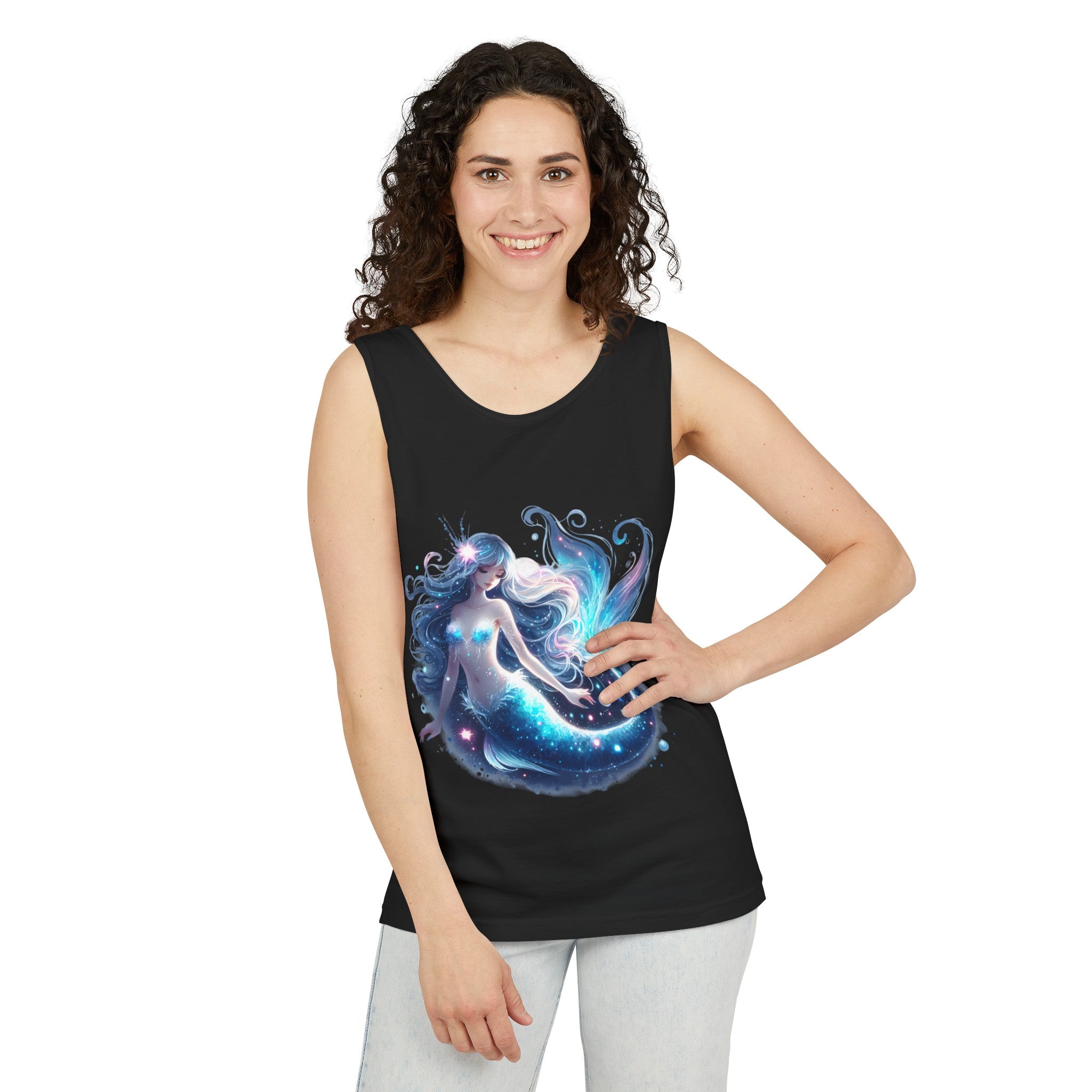 Blue Mermaid Black Tank Top – Unisex Garment-Dyed Comfort