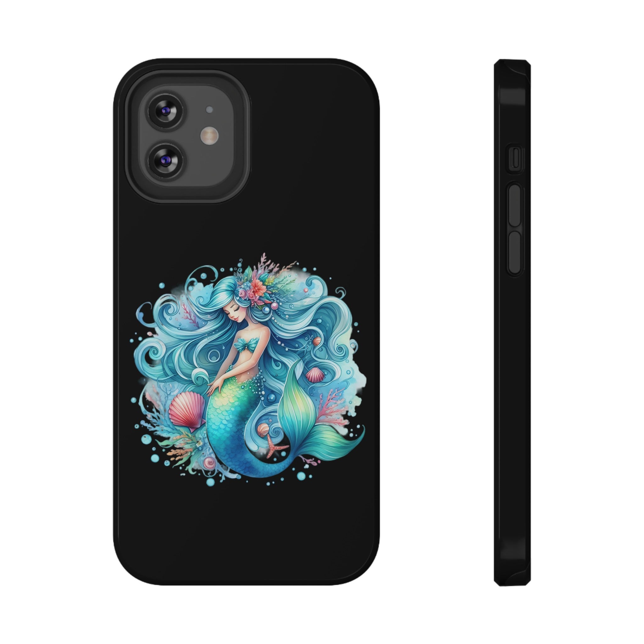 Sleepy Mermaid & Shells Black Phone Case – Matte or Glossy Finish