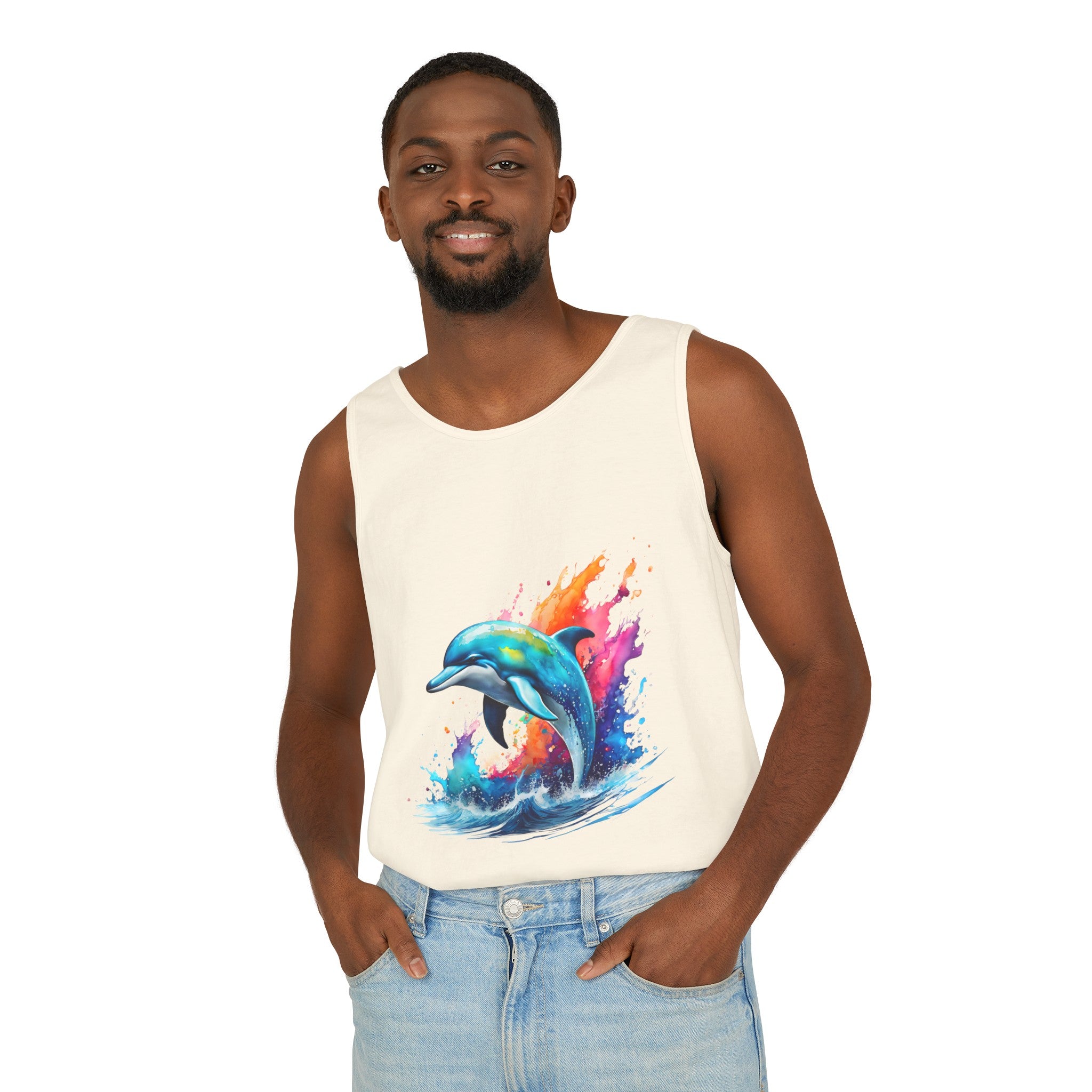 Colorful Dolphin Black Tank Top – Unisex Garment-Dyed Comfort