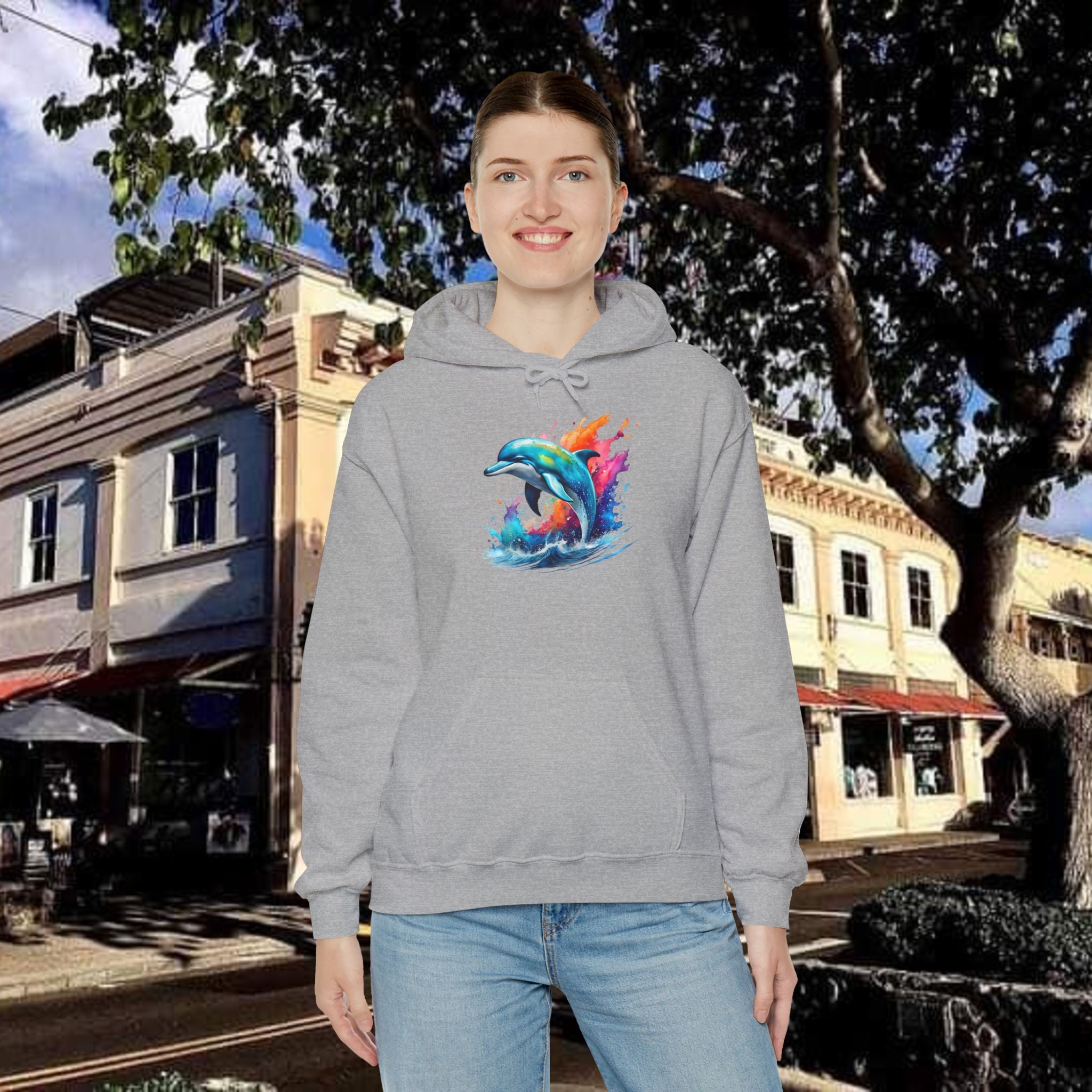 Rainbow Dolphin Hooded Sweatshirt Unisex Heavy Blend