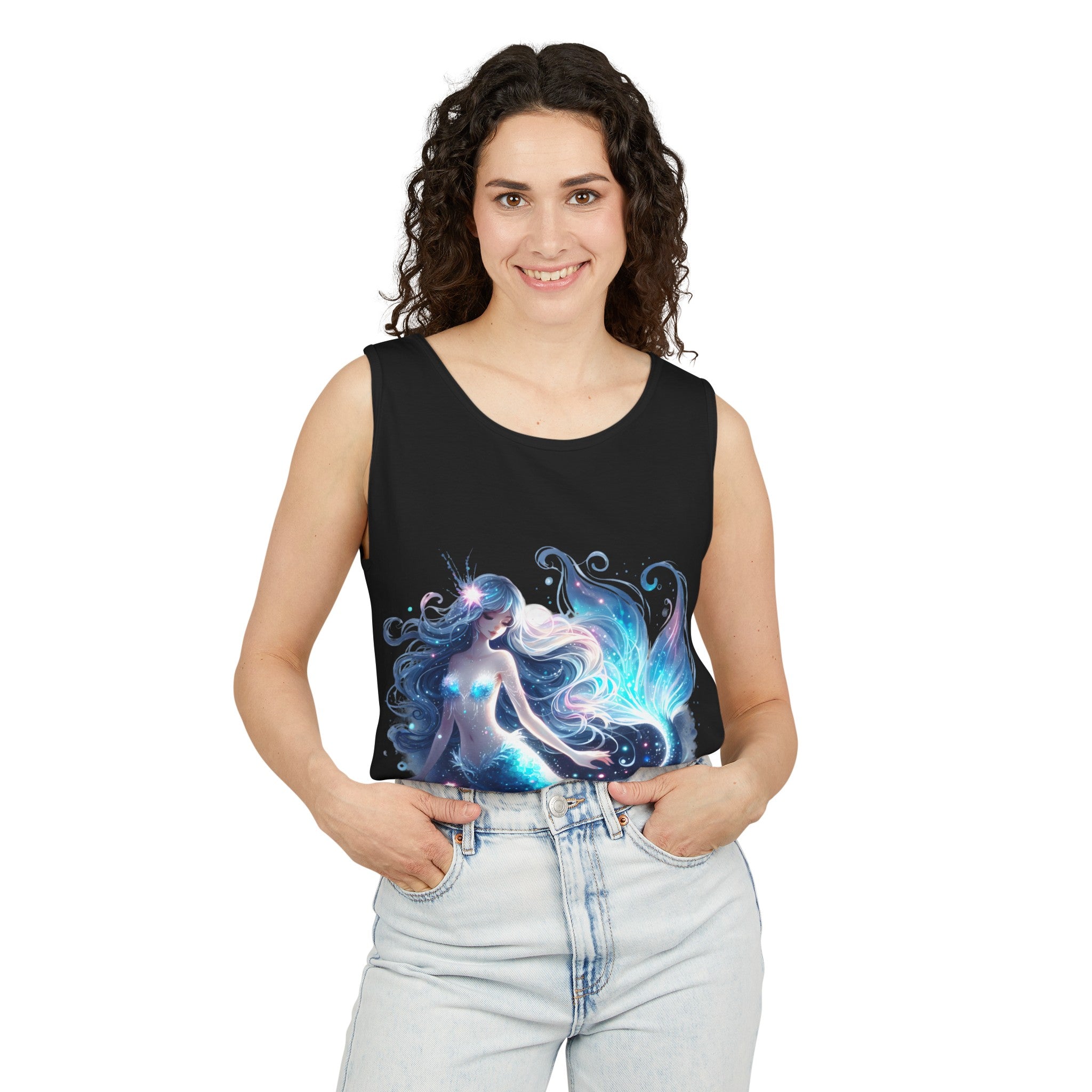 Blue Mermaid Black Tank Top – Unisex Garment-Dyed Comfort