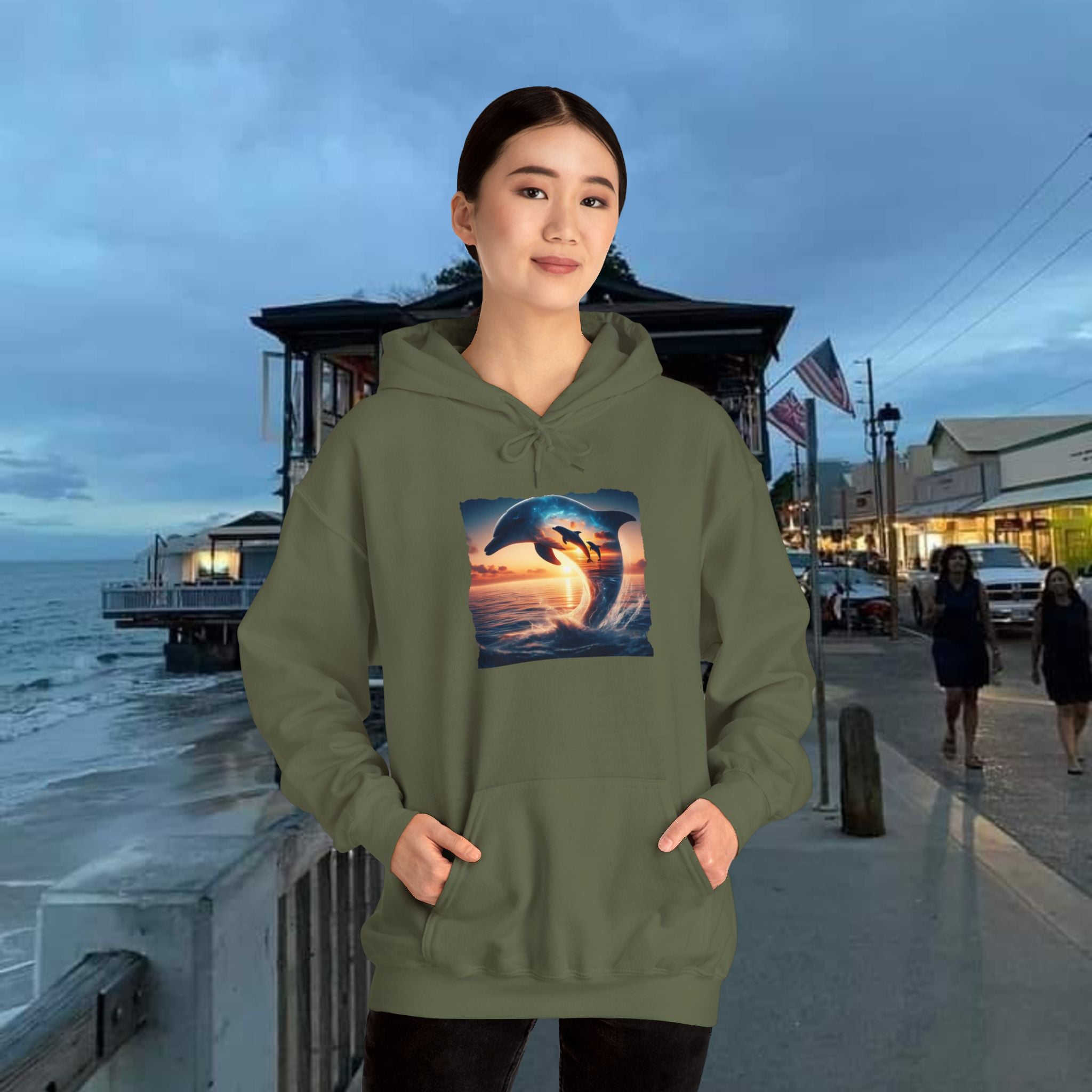 3 Dolphin Sunset Hooded Sweatshirt Unisex Heavy Blend