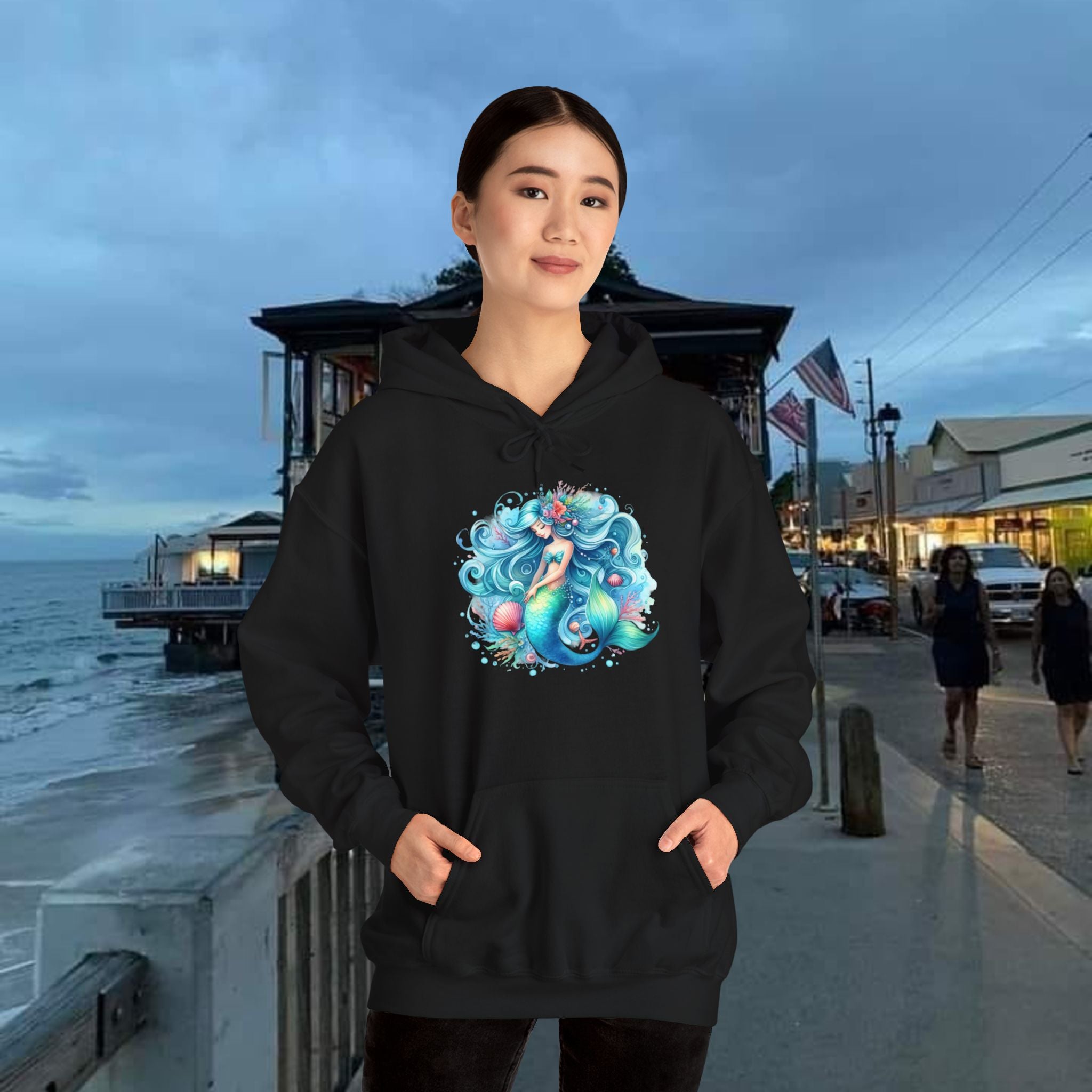 Blue Sleepy Mermaid Hooded Sweatshirt Unisex Heavy Blend