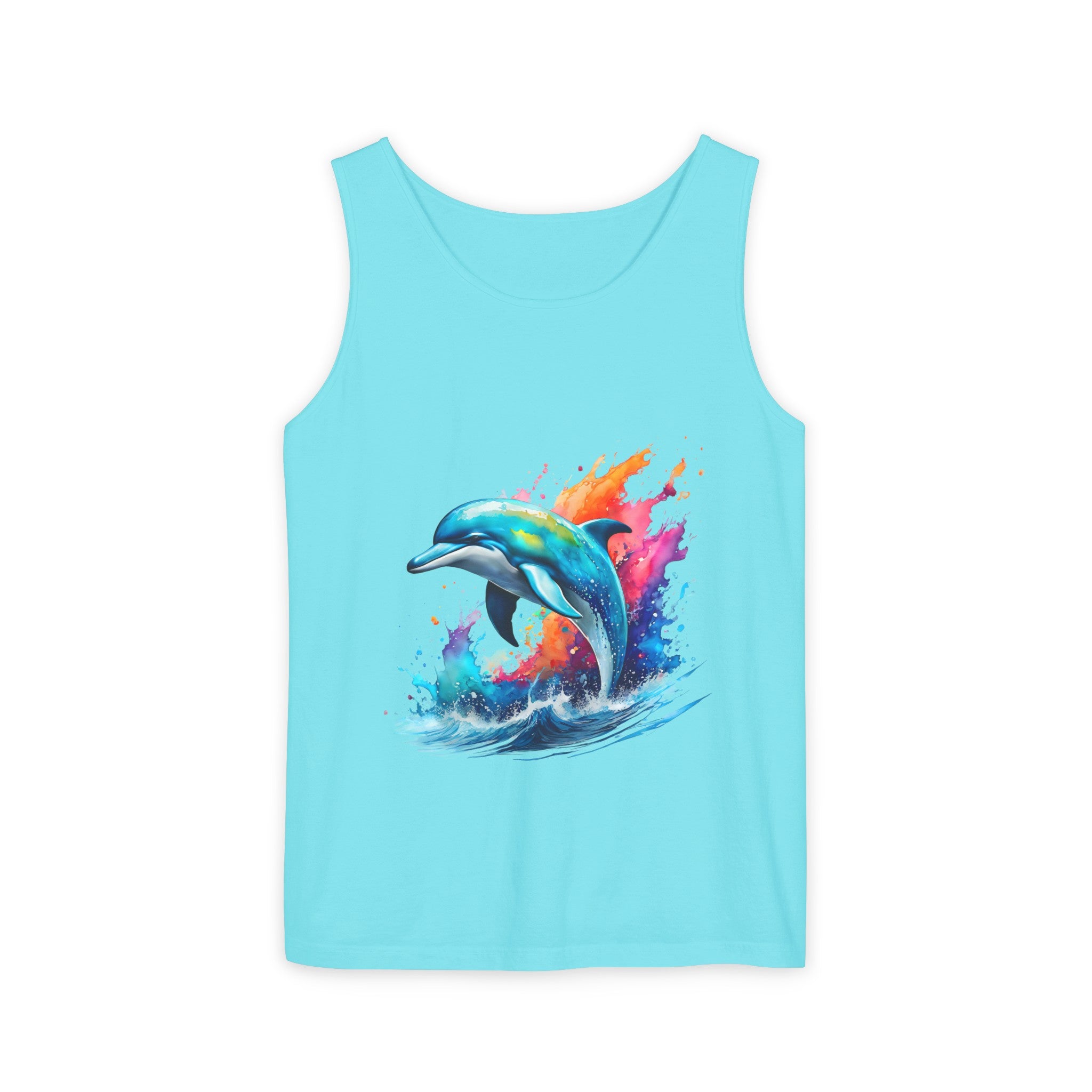 Colorful Dolphin Black Tank Top – Unisex Garment-Dyed Comfort