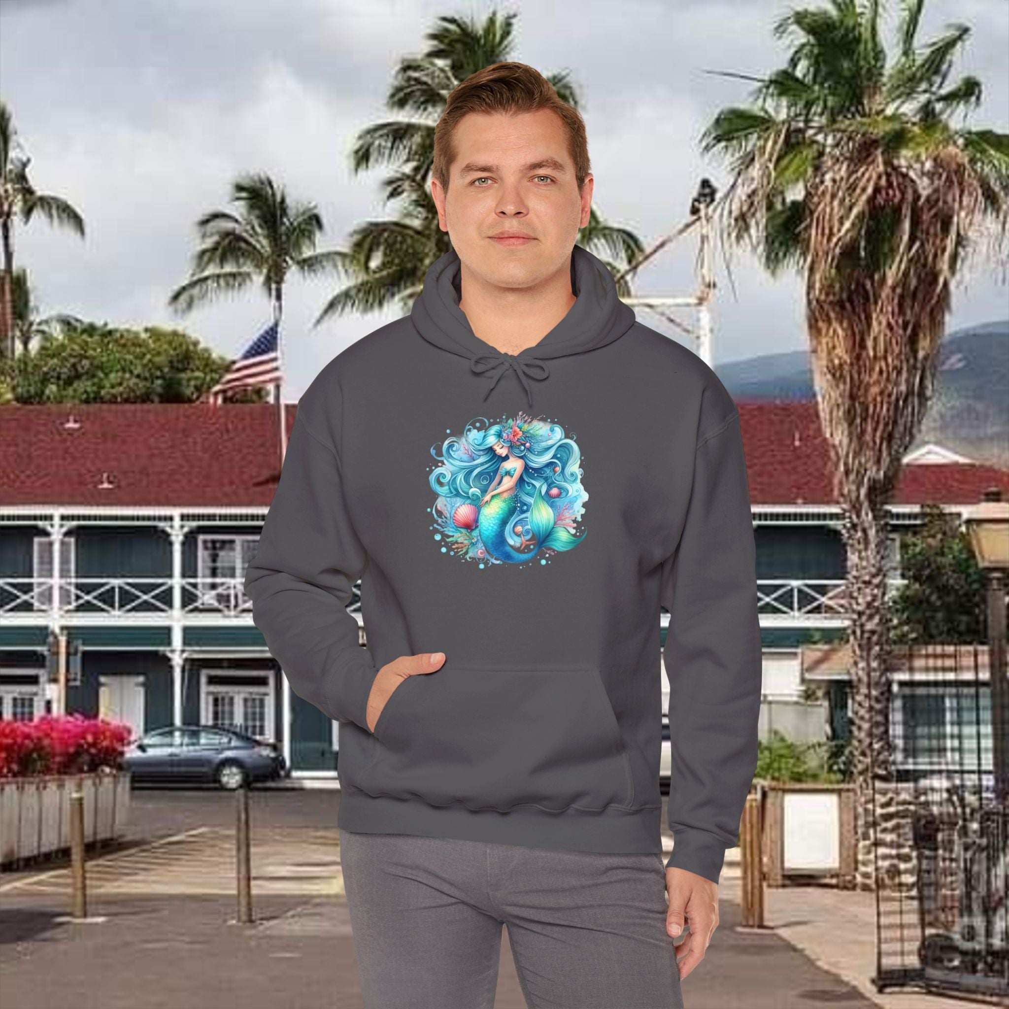 Blue Sleepy Mermaid Hooded Sweatshirt Unisex Heavy Blend